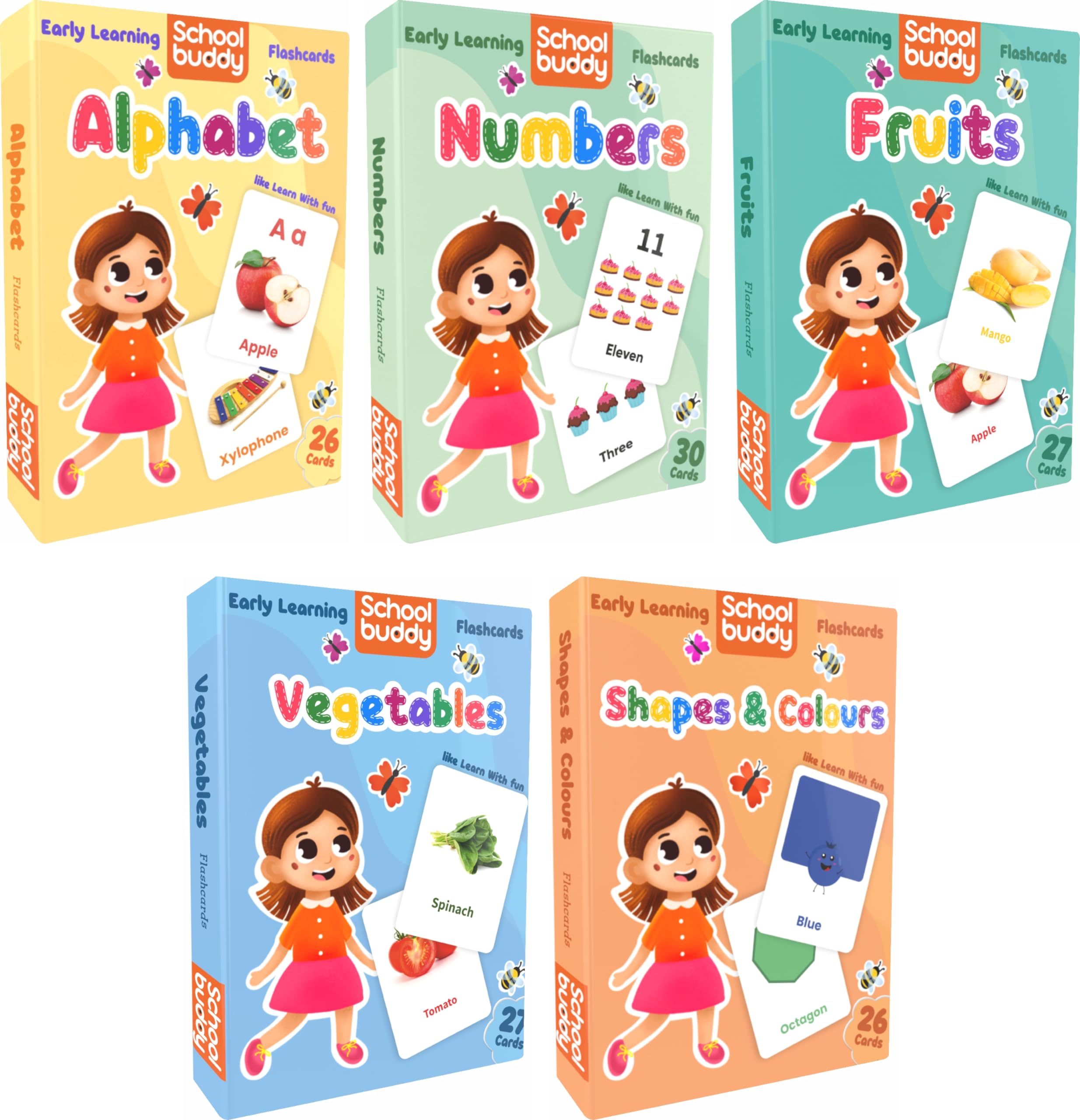 SCHOOL BUDDY® Alphabet, Number, Fruits, Vegetable and Shapes & Colours Flash Cards for Kids | 27 Early Learning Flash Cards Easy & Fun Way of Learning 3 Months to 6 Year Babies (Set of 5) (B0CJ5K3QLJ) Amazon Price History, Amazon Price Tracker