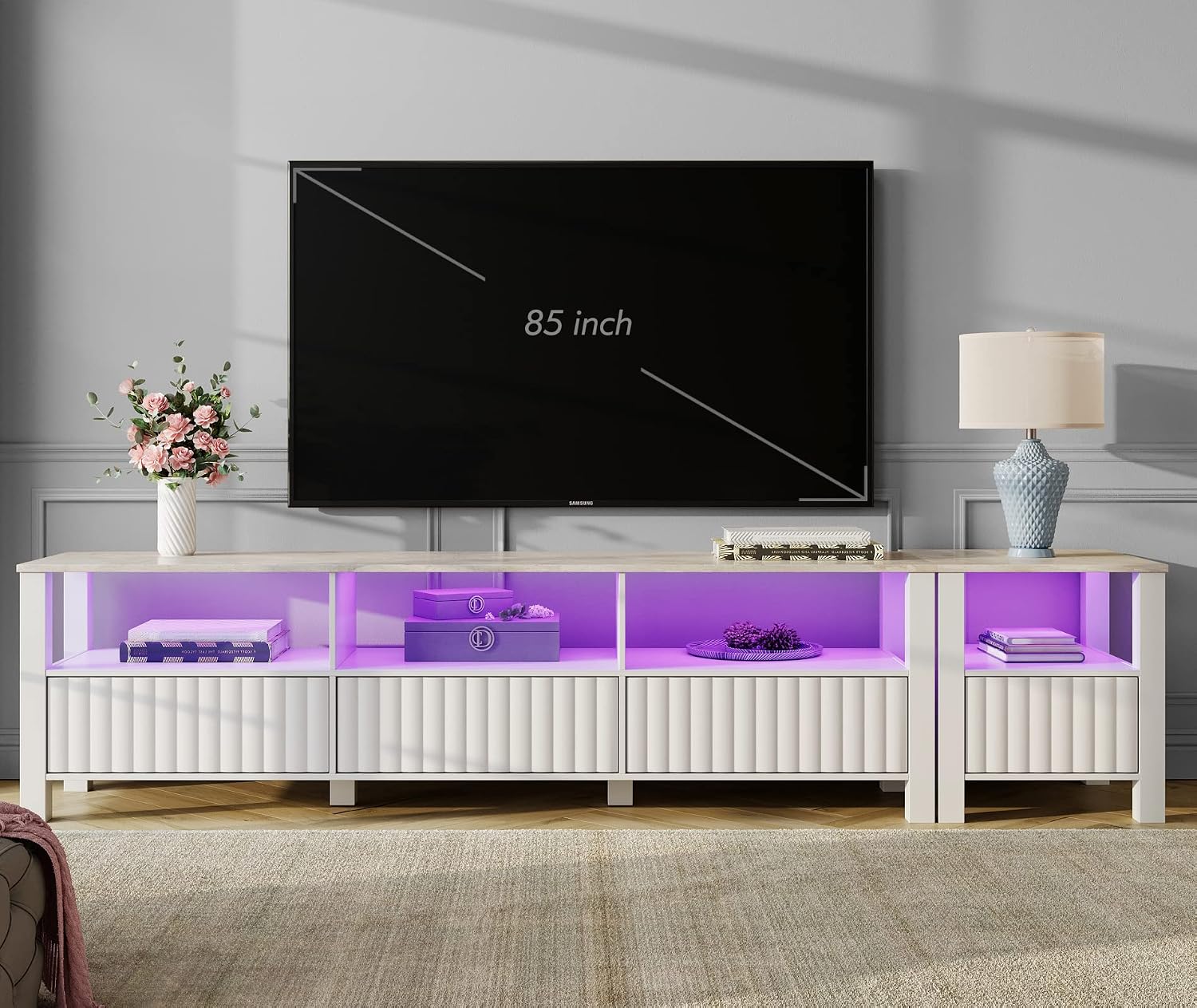 WAMPAT 85 Inch TV Stands for Living Room with 16 Color RGB LED Light, Modern TV Console Table for 65-80 Inch TV with Storage Cabinet, Televion Stands with Side Table for Bedroom, White