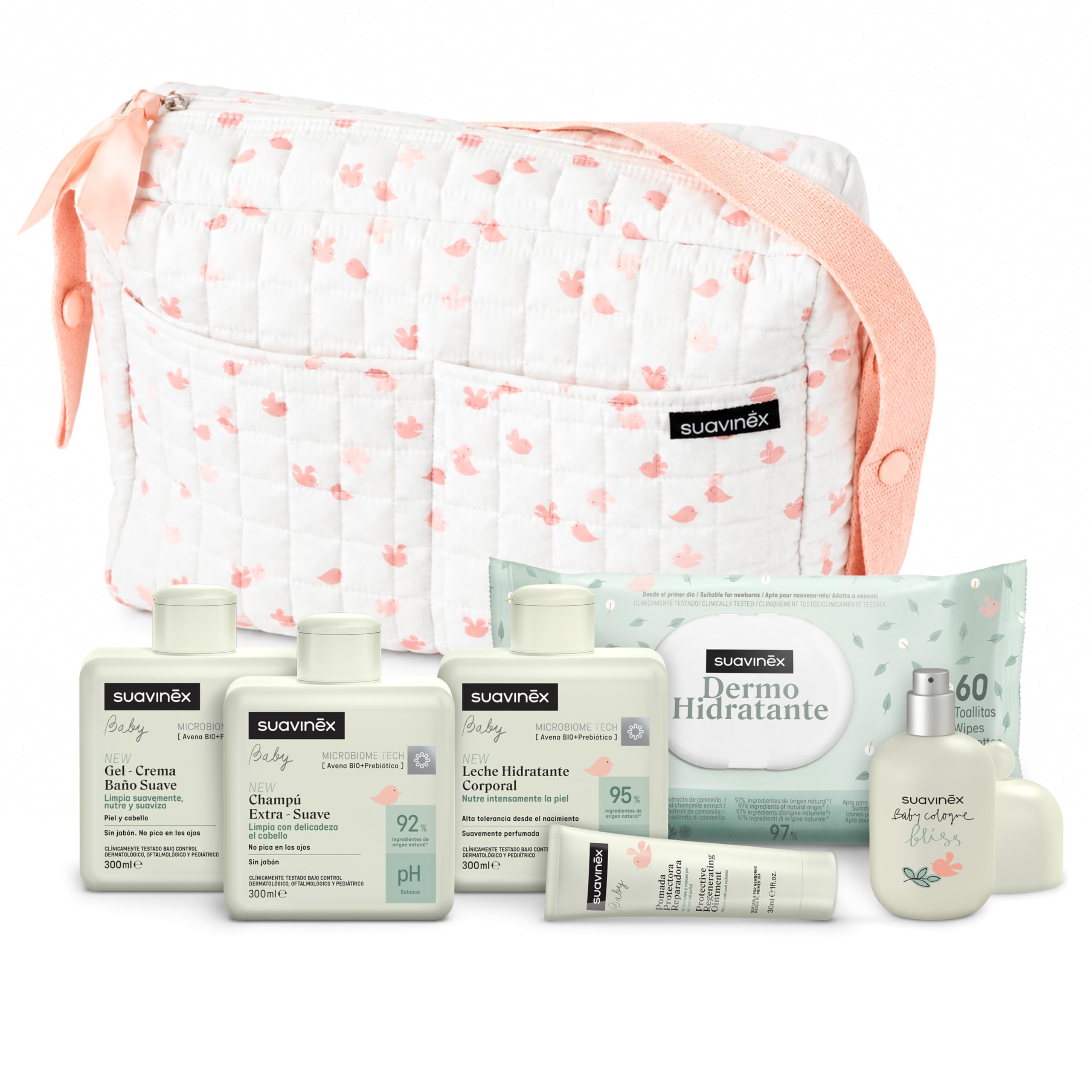 Suavinex, Bolso Carro Bebé con Cosmética: Gel Syndet + Champú Extra Suave + Loción Hidratante + Pomada Pañal 30 ml + Baby Cologne 50 ml + Toallitas. Regalo Recién Nacido, Canastilla, Rosa