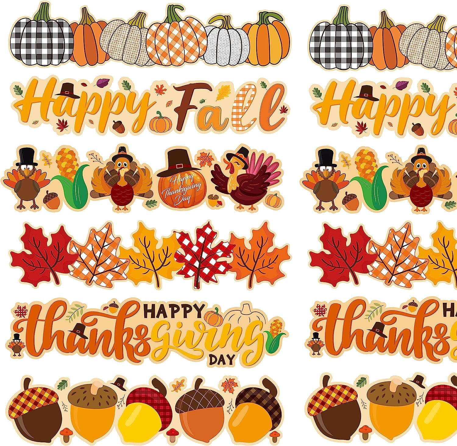 Haooryx 70Feet Happy Thanksgiving Fall Bulletin Board Borders - 72Pcs Cartoon Turkey Pumpkin Maple Leaves Paper Borders Trim for School Classroom Autumn Theme Party Blackboard Border Wall Decorations