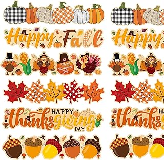 Haooryx 72Pcs Happy Thanksgiving Fall Bulletin Board Paper Cutouts Cartoon Turkey Pumpkin Borders Trim Autumn Theme Classroom Blackboard Cardstock Cutout School DIY Wall Decorations Party Supplies