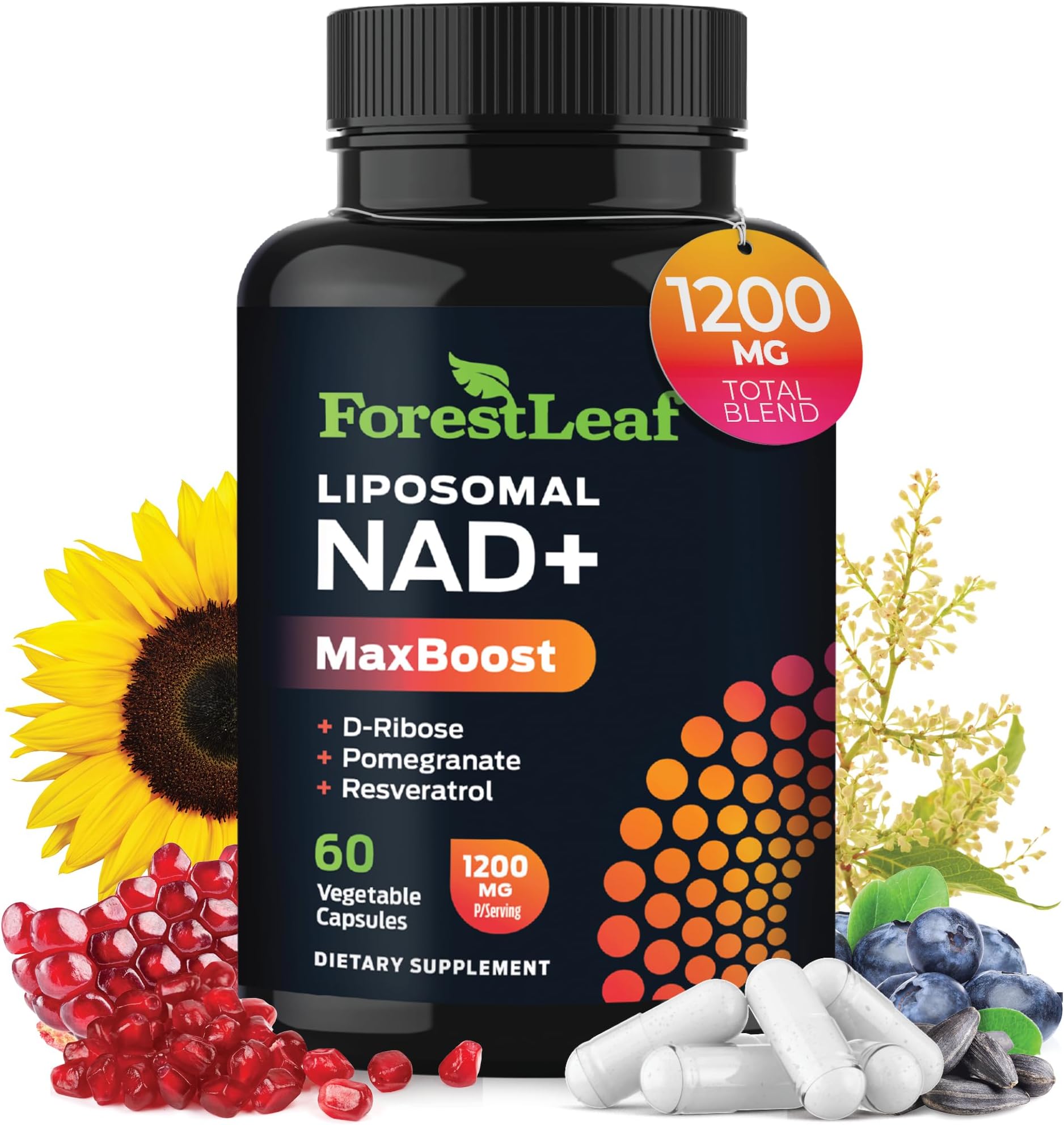 NAD Resveratrol Capsules, Liposomal NAD Supplement for Women and Men with D-Ribose and Pomegranate, NAD+ for Energy, Focus and Anti-Aging Support, NMN Supplement Alternative (60 Caps)