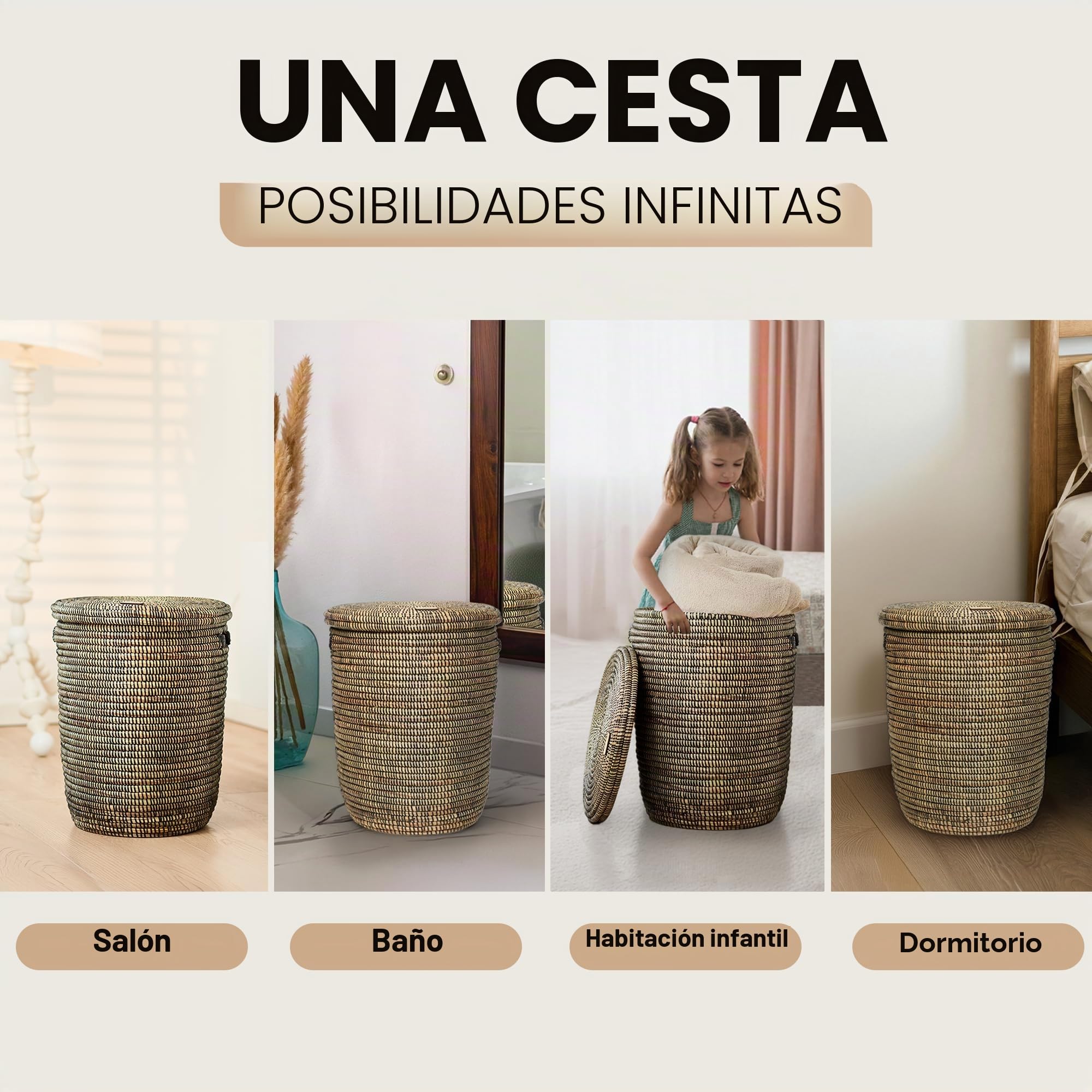 YAADU Cesto para la Colada XL Con Tapa, 50 L - Cesta Africana Trenzada para Almacenamiento de Juguetes y Mantas, Con Asa (Negro)