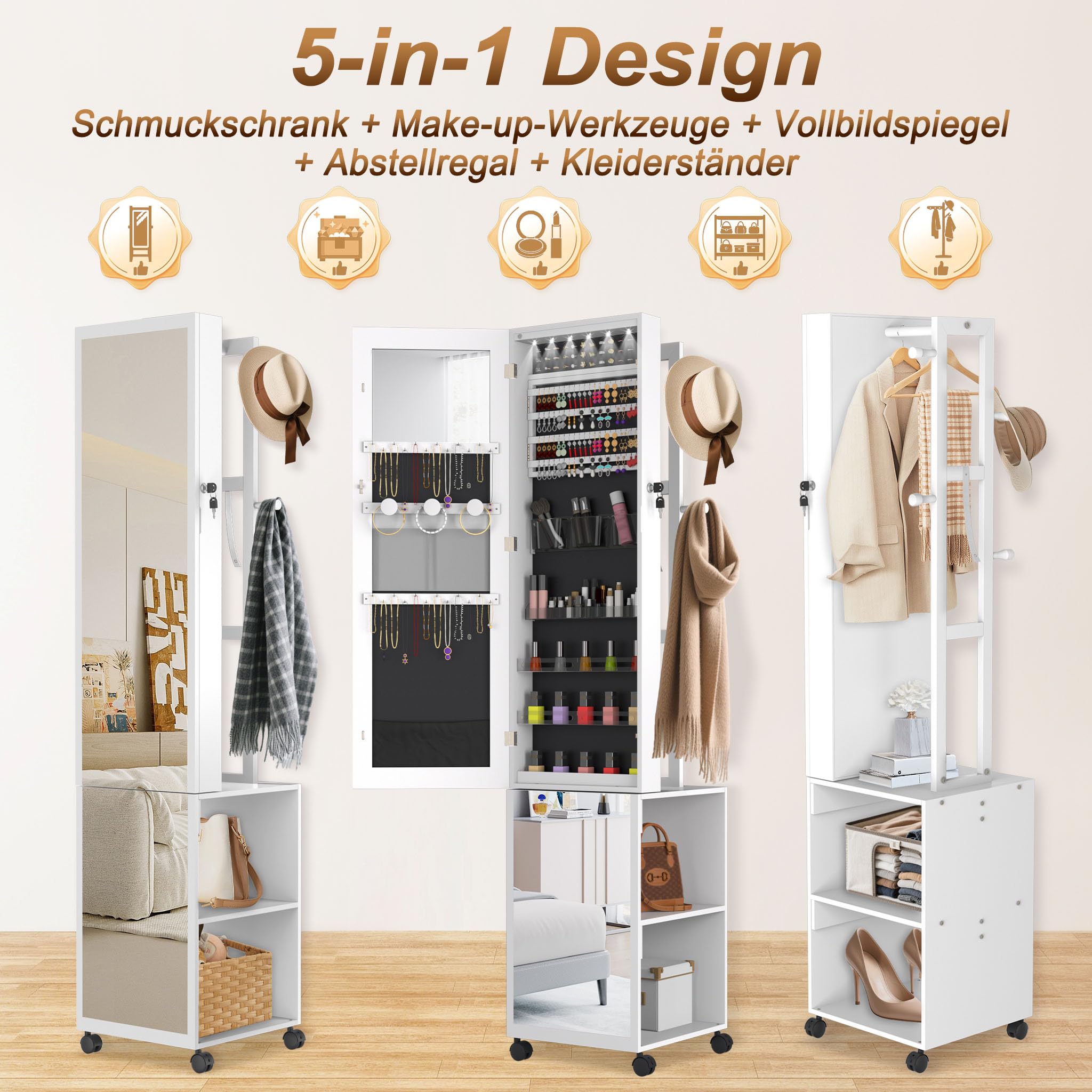 LZQ Schmuckschrank mit Spiegel und LED-Leuchten Spiegelschrank Abschließbar Schmuckorganisator mit Rädern und Ablagen 3-in-1 Schmuckaufbewahrung Schmuck-Organizer, 36 x 40 x 170 cm, Weiß