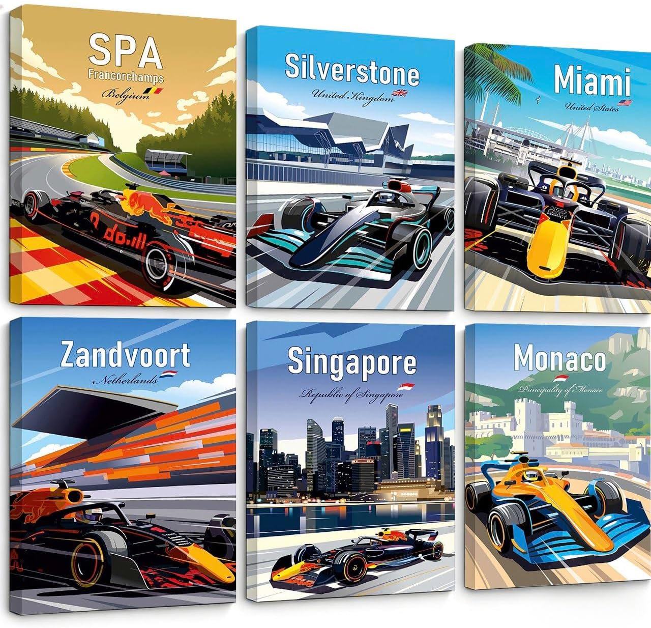 6pcs Super Car Wall Art Prints,Racing Car Posters for Boys Bedroom,Vintage Race Car Artwork Pictures,Modern Sports Car Formula Grand Prix Silverstone Race Car Posters for Men Bedroom Decor Boys Room Decor,Home Office Decor,8"x10"inches,Framed