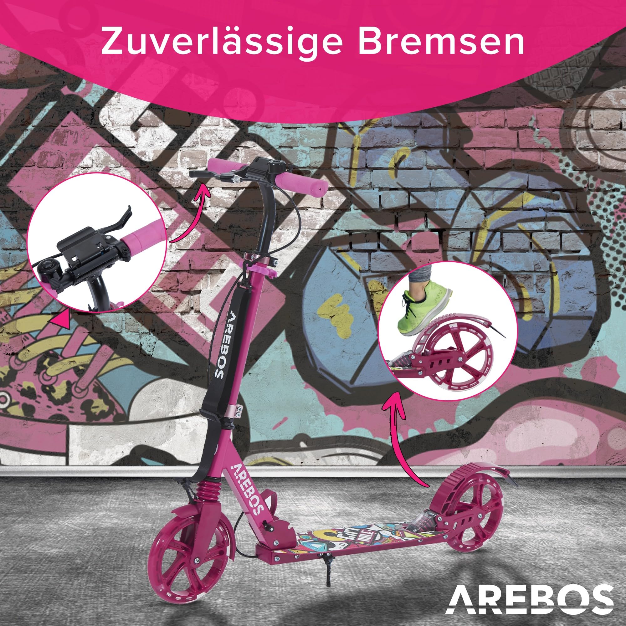 Arebos Cityroller Tretroller mit LED | höhenverstellbar | klappbar | inkl. Tragegurt | Hand- & Trittbremse | für Kinder und Erwachsene | bis 100kg belastbar Roller | Kickroller | Kickscooter
