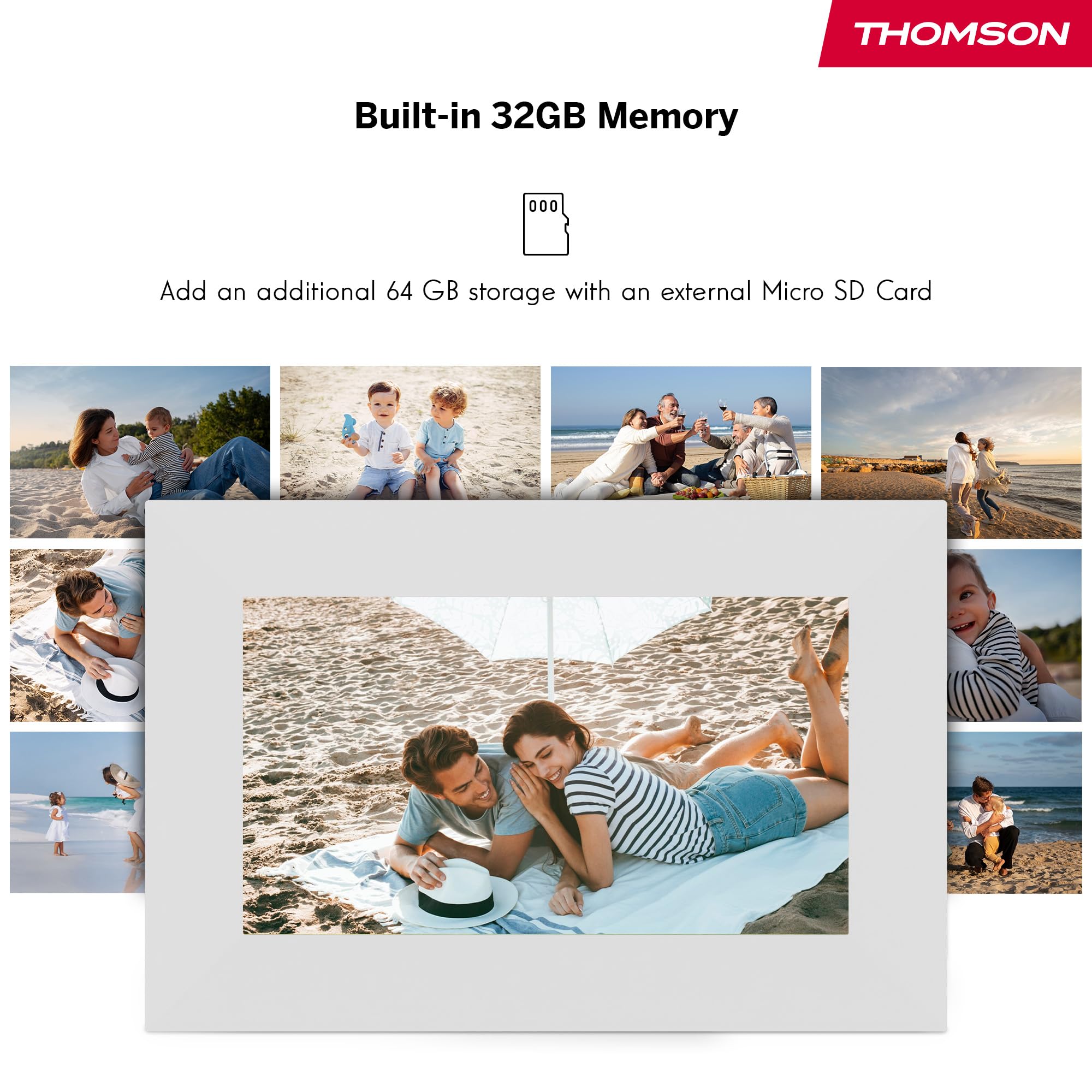 Thomson Cornice Digitale 7 Pollici, Schermo IPS, Touchscreen HD, Condivisione Diretta tramite App, Funzioni Smart, Cornice Fotografica Elettronica con 32 GB di Memoria, Rotazione Automatica, Bianca
