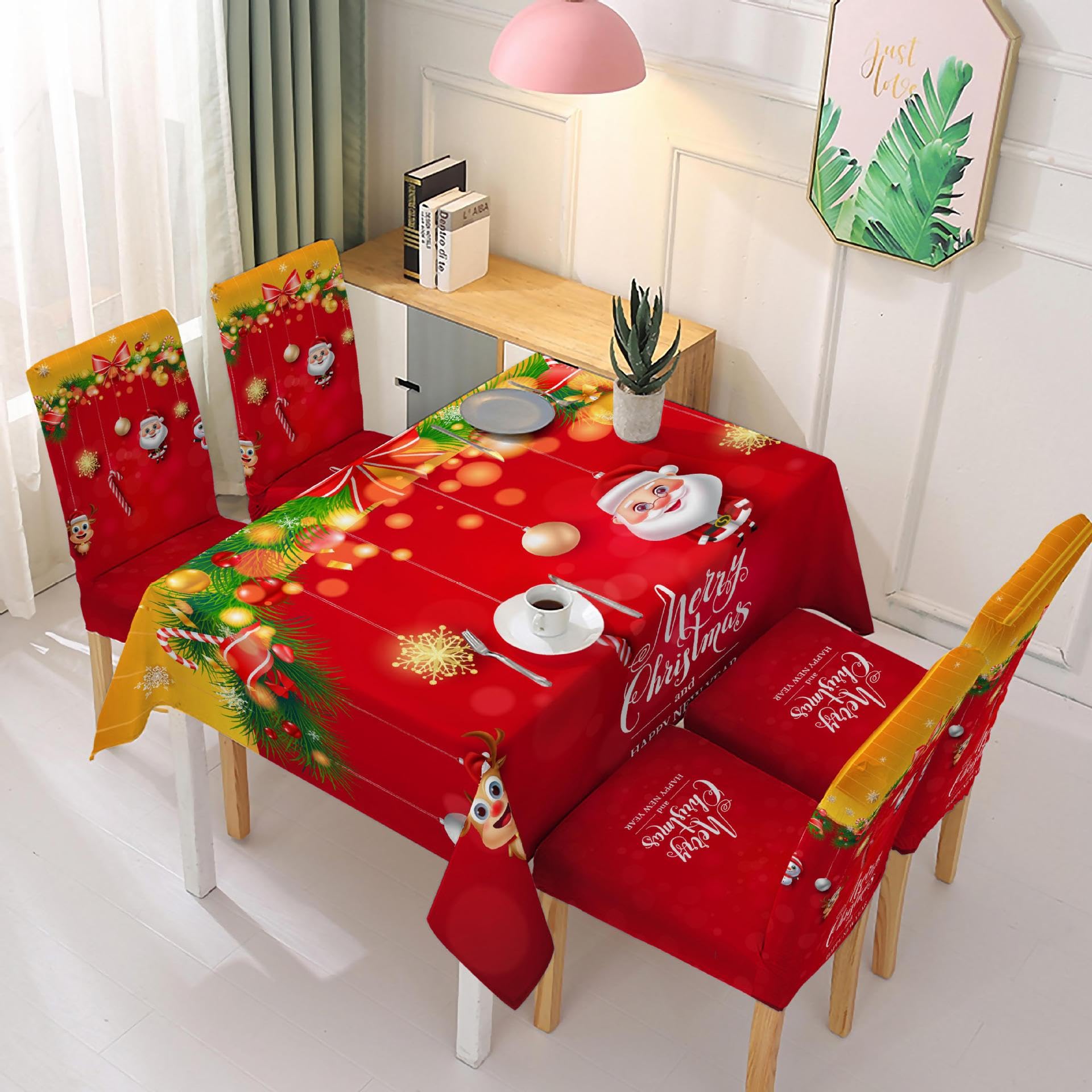 Mantel Antimanchas Navidad Roja Y Dorada Mantel Mesa Rectangular Impermeable Lino Lavable Manteles de Mesa para Decoración de Mesa Hogar Cocina Exterior Jardin Manteles(140x220cm)