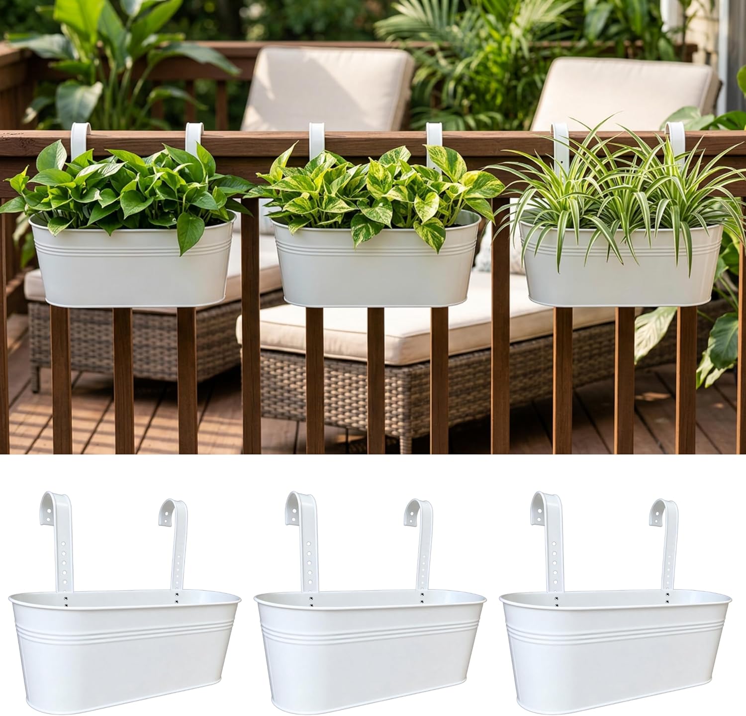 LaLaGreen Outdoor Rail Planter (17 Inch, 3 Pack) Large Porch Railing Planters White Metal Planters Balcony Apartment Hanging Deck Garden Patio Fence Flower Pots Plants Hang Decorations Baskets Pot