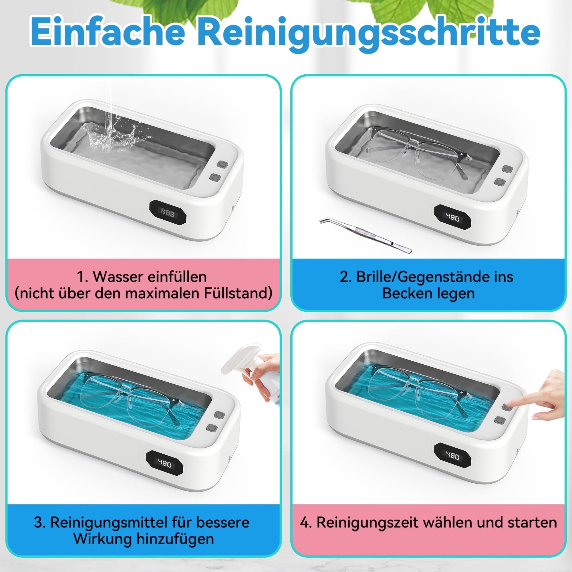 Ultraschallreinigungsgerät, 640ml Brillenreinigungsgerät Mit 5 Modi, 49000hz Ultraschallreiniger, 40W Ultraschallreinigungsgerät Brille für Ringe, Münzen, Zahnersatz (Weiß)
