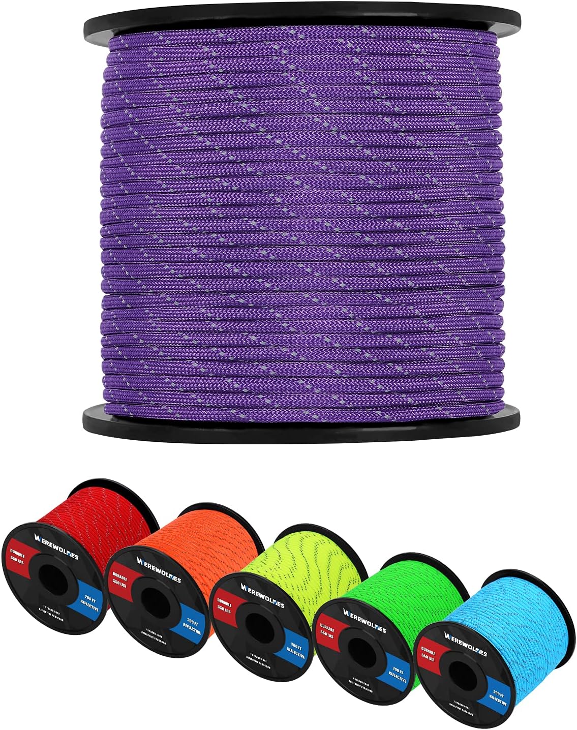 WEREWOLVES Reflective 176 & 550lb Paracord - 100% Nylon, Rope Roller, 3 & 7 Strand Utility Parachute Cord for Camping Tent, Outdoor Packaging