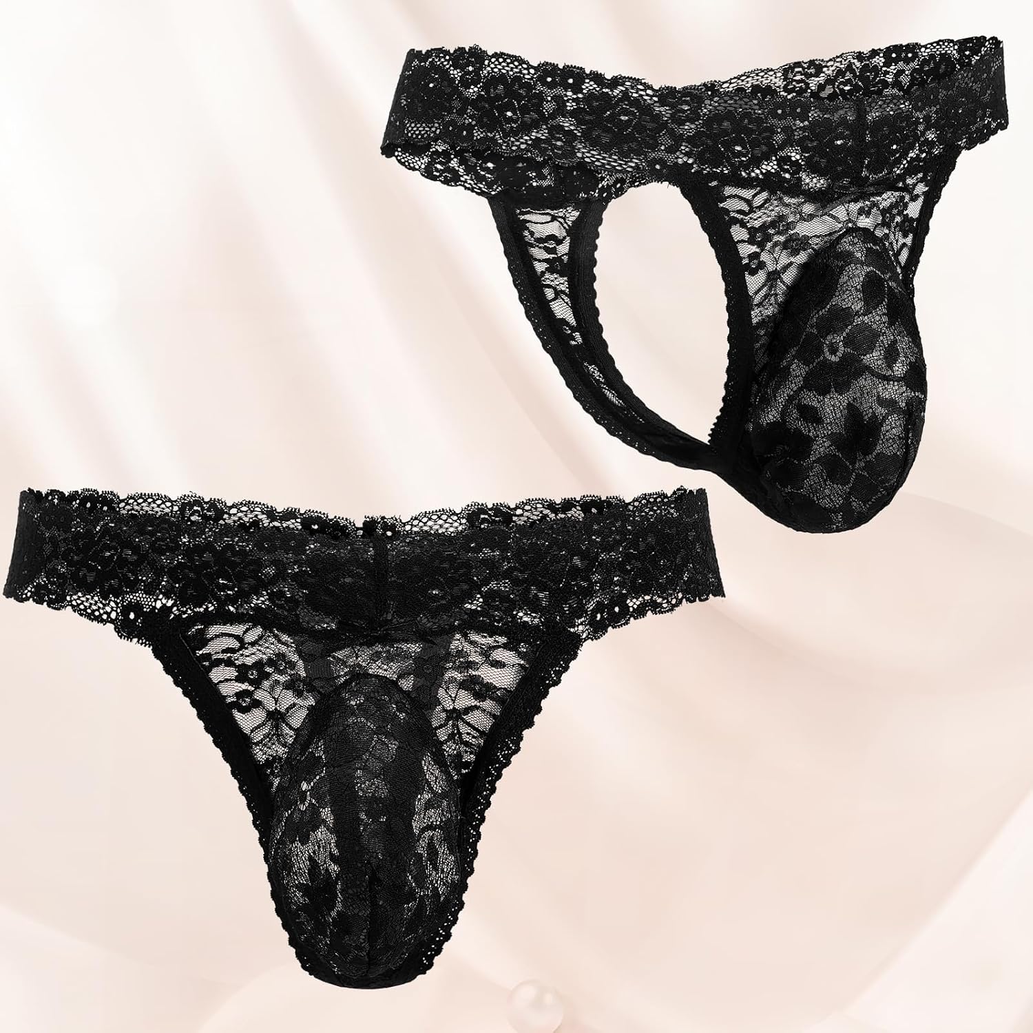 2 Pcs Sissy Men's Thong Underwear Lace Frilly Thongs Sheer Mesh Bikini Briefs G-string Lace Panties Men - Image 4