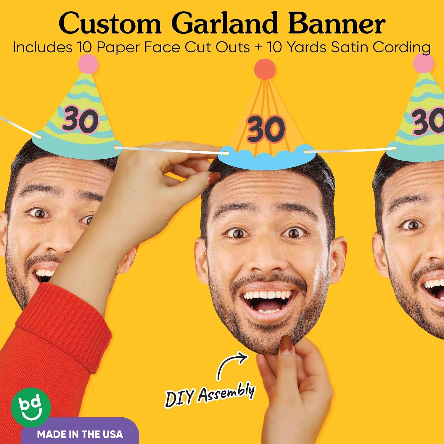 Big Dot of Happiness Custom Colorful Birthday Face Cut Out Garland Banner, Personalized Birthday Age Decor, Custom Party Time Face Banner, 30 Feet of Cord, 10 Face Cut Outs