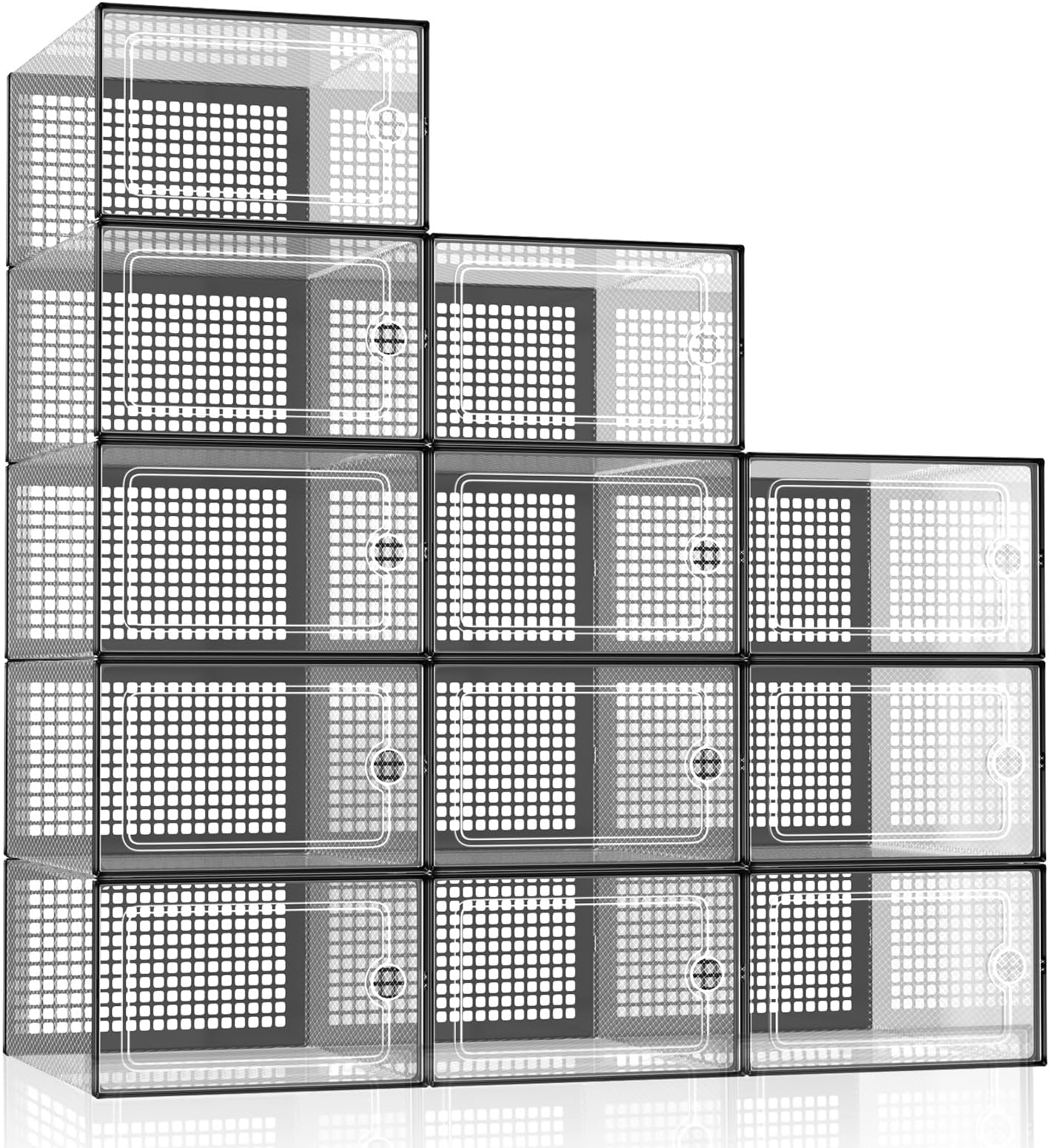 Kesuwe[12 Pack] Shoe Boxes, Stackable Storage Boxes, Fit Size 12, Clear, Suitable for Hallway, Under Stairs and More Indoor Places, Shoes Organization Solution for Whole Family (Black)