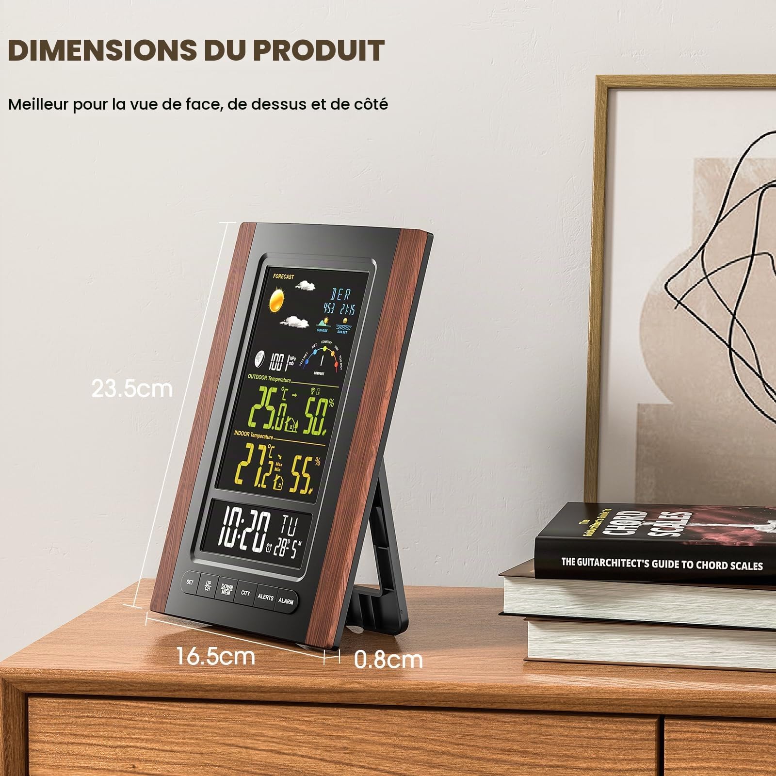 Station Météo Sans Fil, Température et Humidité Interieur et Exterieur, Grand écran LCD Clair, Prévisions Météo, Horloge Radio DCF, Baromètre, Affichage du Lever et du Coucher du Soleil