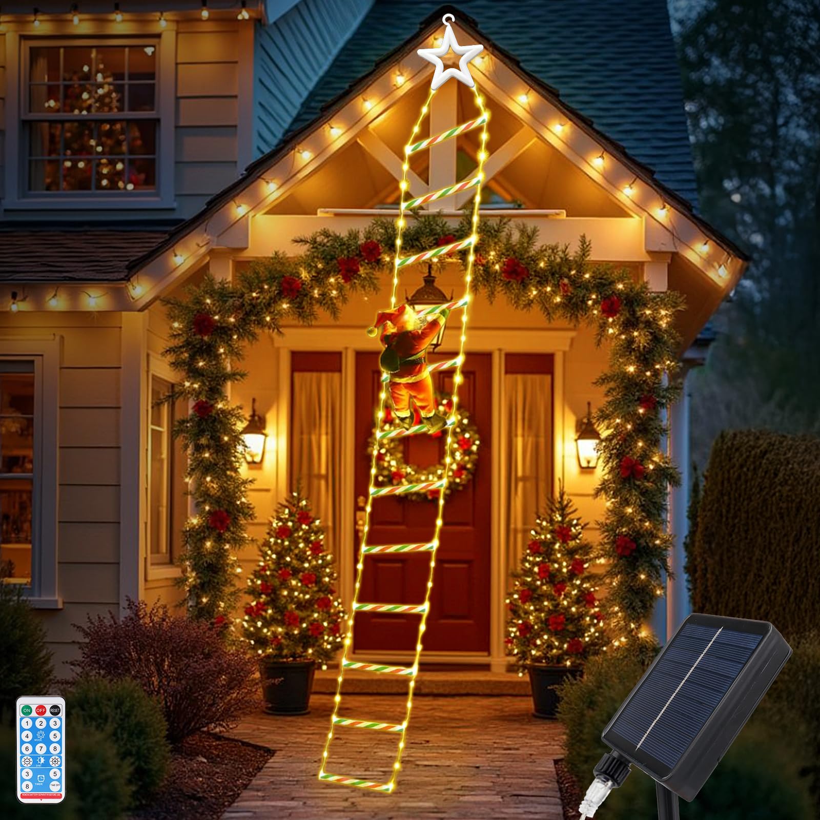 WoskjXas 9.84Ft Solar Christmas Ladder Lights, 3M 240 LED Santa Climbing Ladder Lights Outdoor with 8 Modes, Timer Christmas Led Light for Outdoor Indoor Wall Window Xmas
