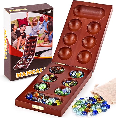 ropoda Update Mancala - Juego de mesa con tablero de madera de goma plegable y 72+8 piedras de vidrio multicolor y bolsa de almacenamiento de