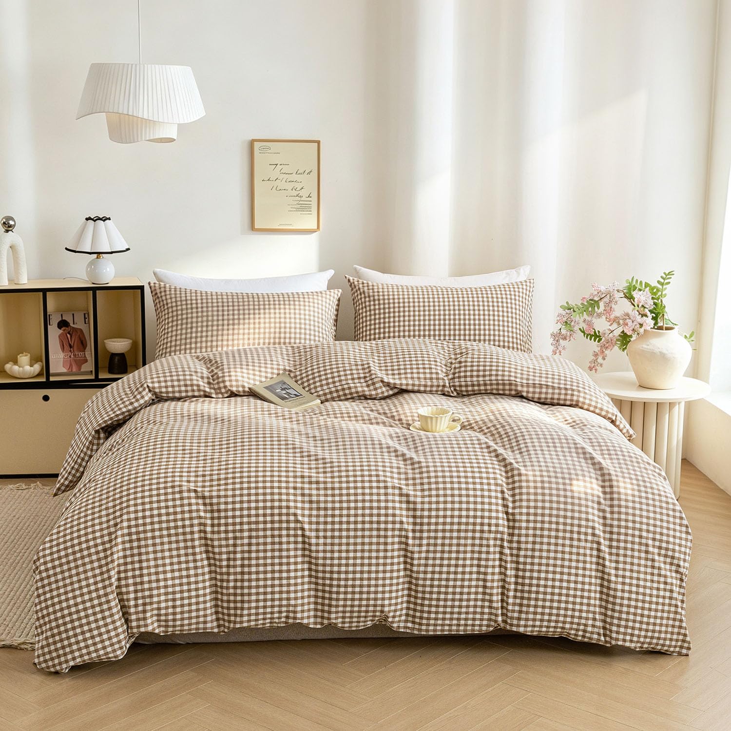 Amazon.com: Mucalis Tan Gingham Duvet Cover King 100% Washed