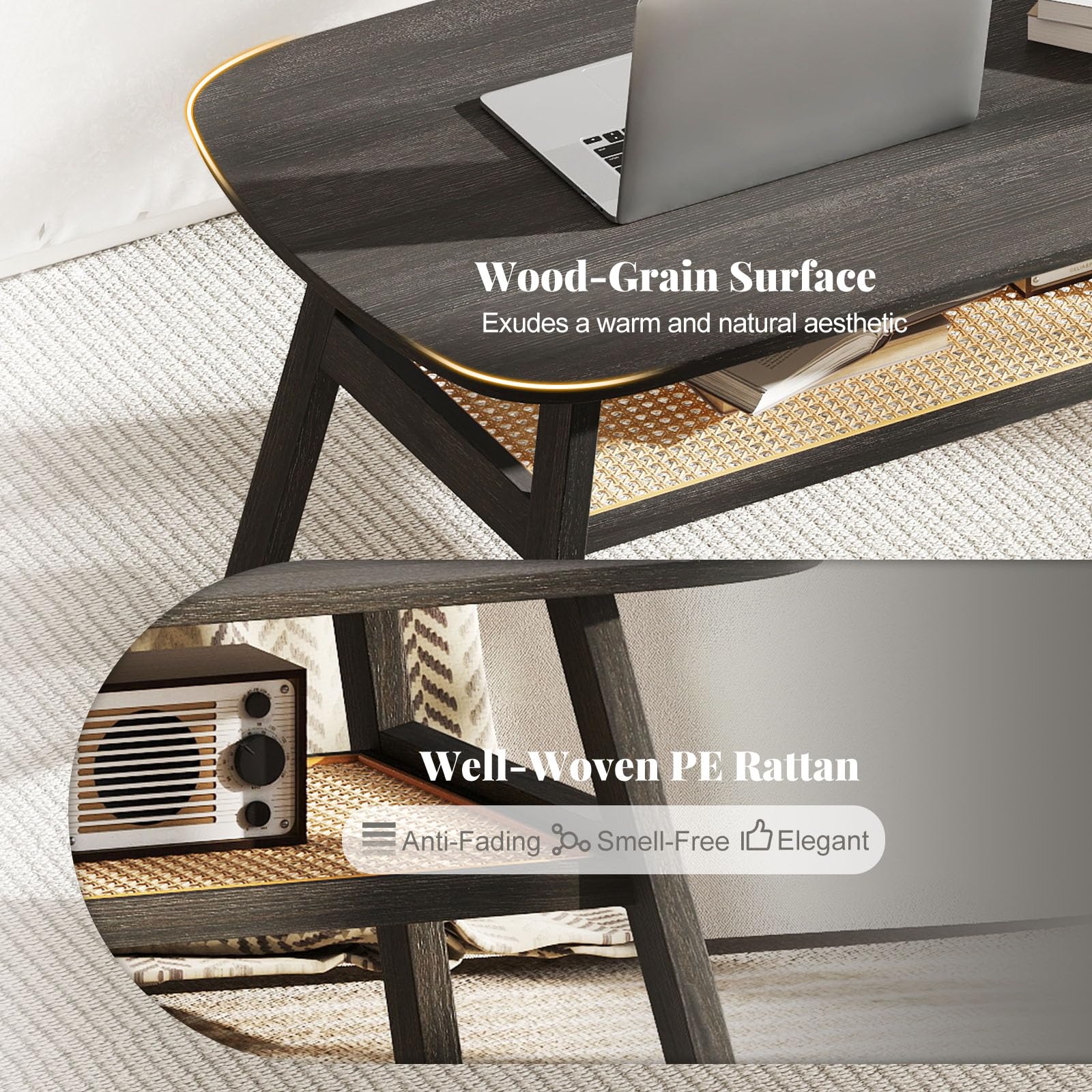 LIFEZEAL Mesa de centro, mesa de salón rectangular de 2 niveles, mesa de sofá, mesa de té con patas de madera, mesa central con bandeja de almacenamiento de ratán para hogar y oficina, estilo rústico