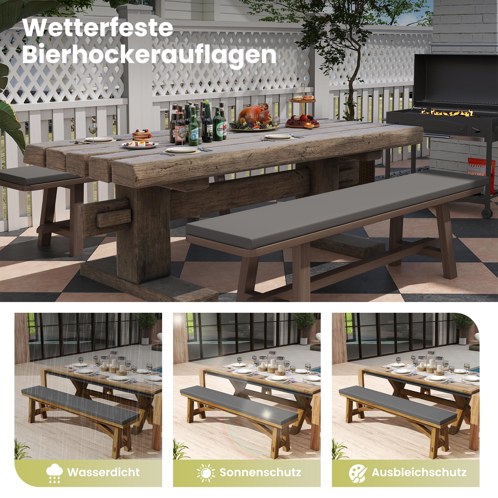 Amopatio 2er Set Bierbankauflage gepolstert, 180x25x4 cm XL Biertischgarnitur Auflagen Outdoor & Indoor, Bezug waschbar, Wasserdicht & UV-Schutz, Grau