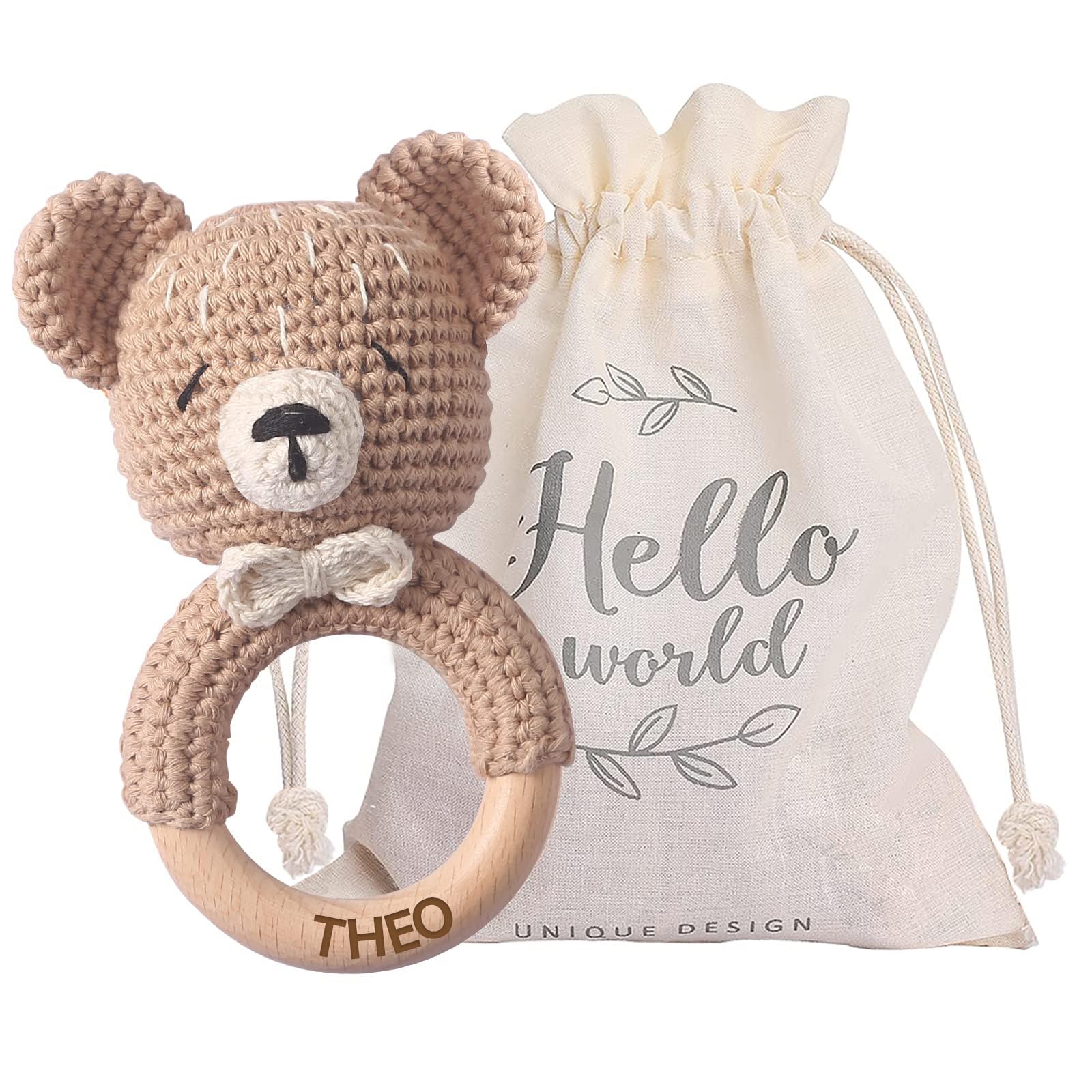 Youuys Juguete Sonajero de Madera Personalizado, Con Sonido, Mordedor de Ganchillo, Juguetes para la Dentición del Bebé, Juguetes de Animales Blandos, Regalo para Bebés Niños (Oso caqui)