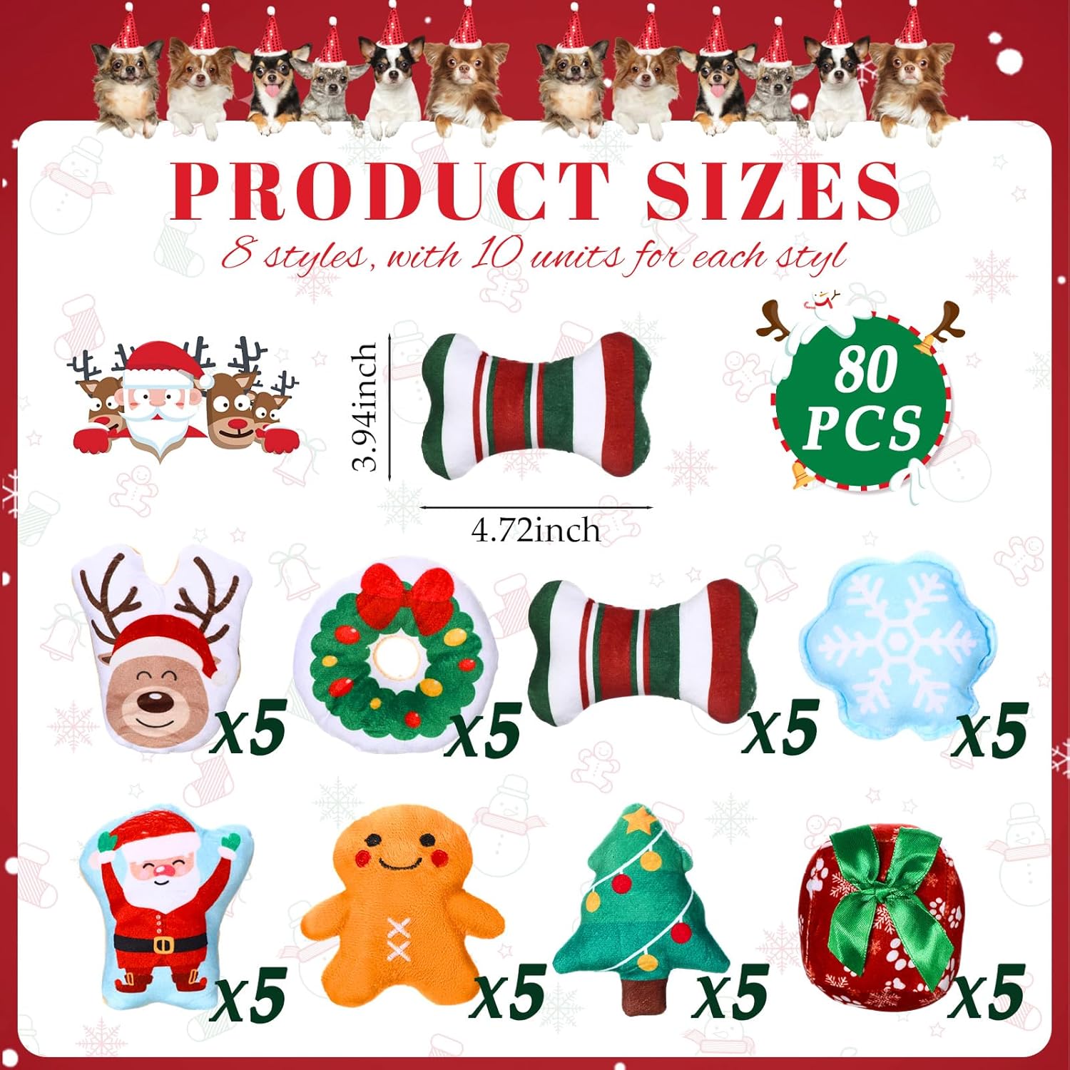 Soulchen 80 Pcs Christmas Dog Toys Set Puppy Squeaky Toys Bulk Cute Stuffed Plush Dogs Chew for Small Medium Pet with Squeakers for Fun & Teething (Christmas)