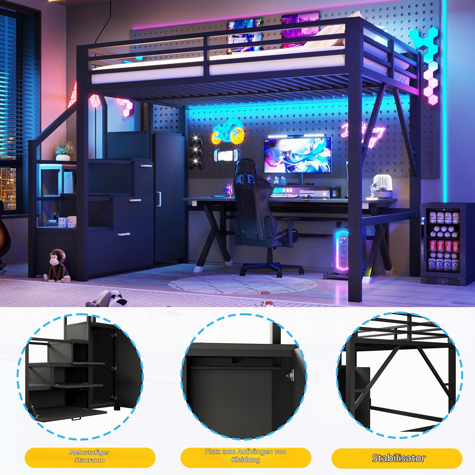 BTM Metall Gaming Hochbett 140x200 mit Kleiderschrank & LED Beleuchtung Hochbett Jugendliche mit Stauraum Treppe, Schwarz