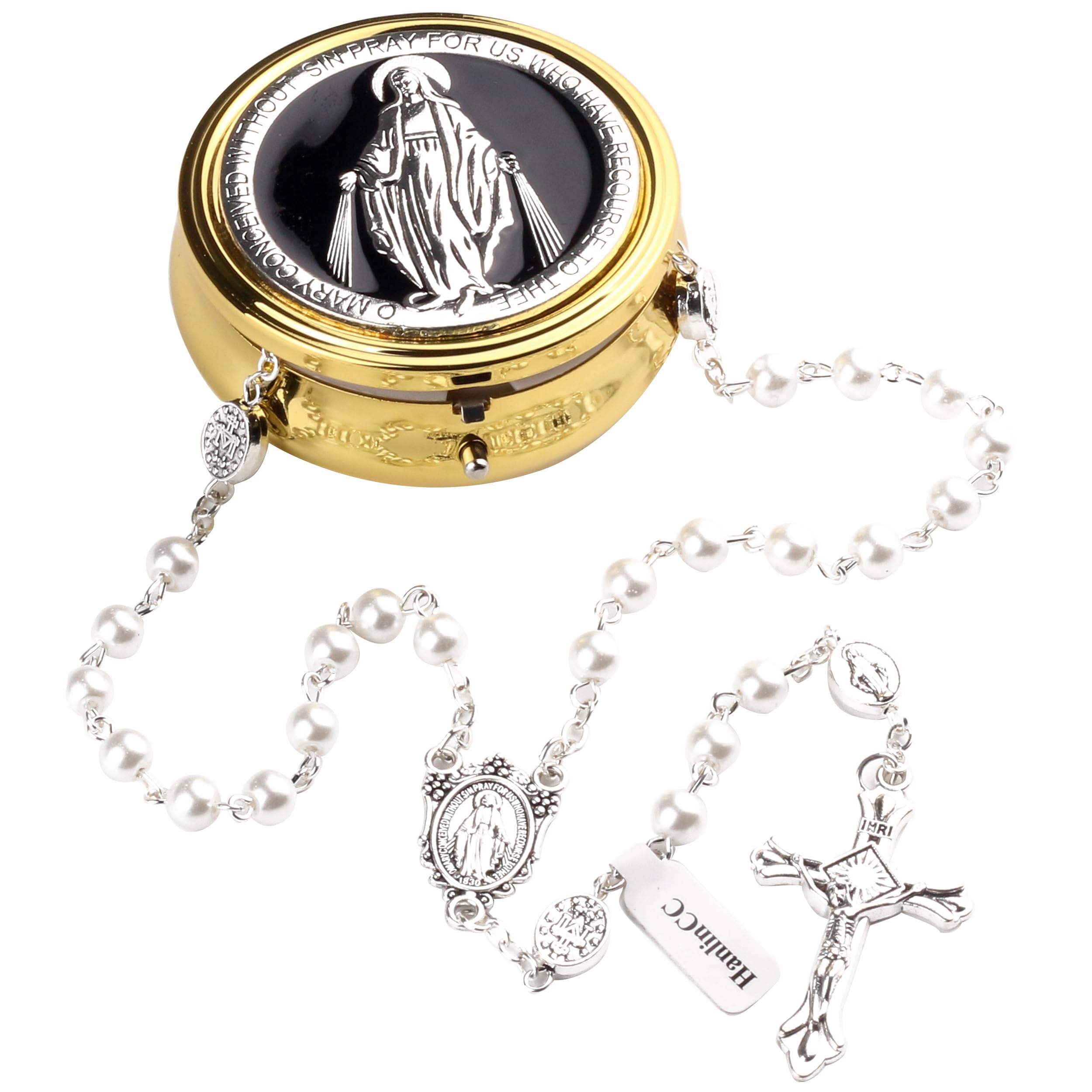 HanlinCC Glass Pearl Beads Catholic Rosary Necklace for Women with Gold Miraculous Gift Box