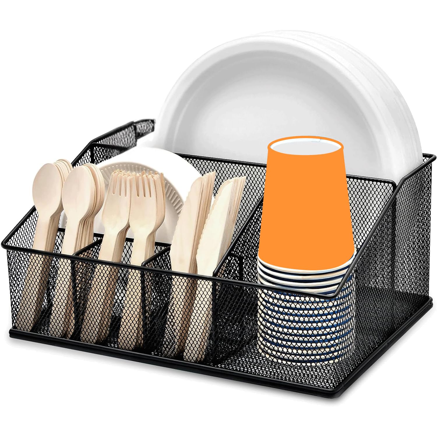 Metal Paper Plate Organizer with PVC Mat- Utensil Caddy with 6 Compartments-Paper Plate Dispenser for Party, Camping, Picnic and Kitchen