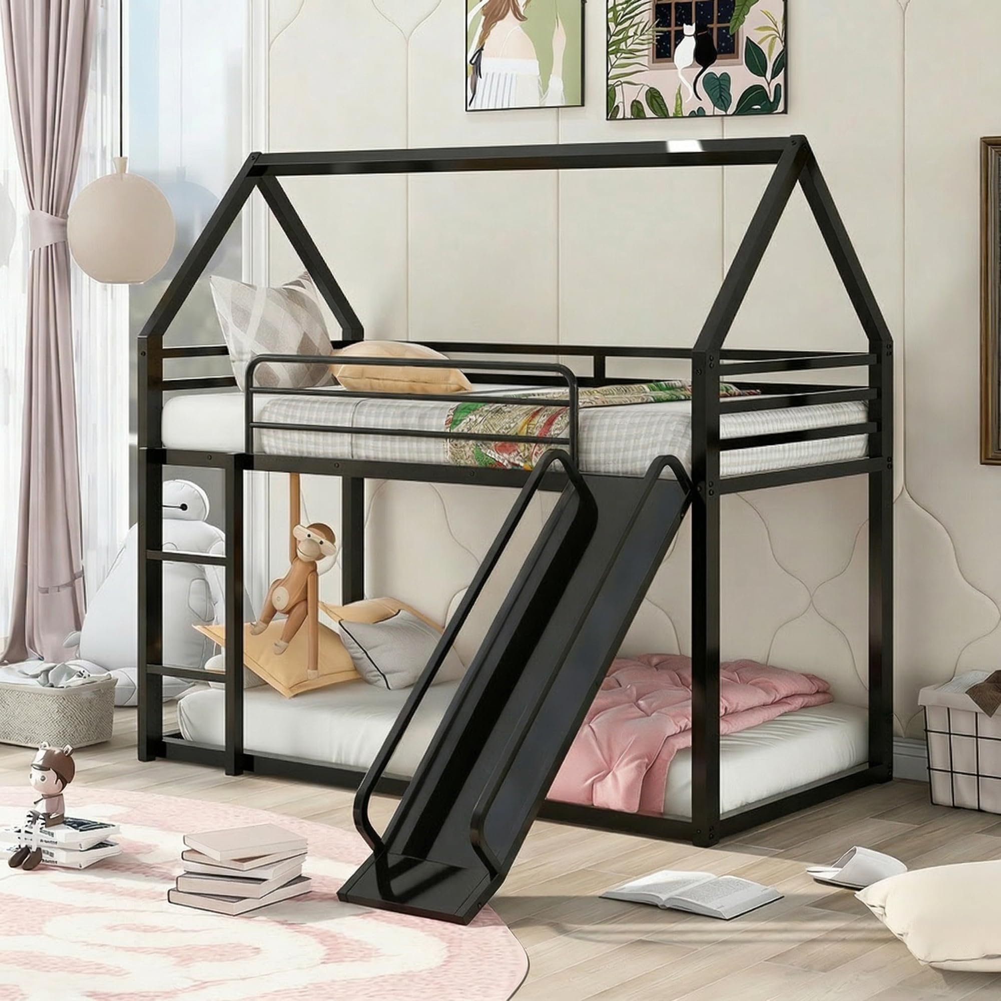 Twin Over Twin Bunk Bed with Slide, Junior House Low Bunk Bed Metal Bunkbeds with Ladder and Full-Length Guardrail for Girl, Boy, Floor BunkBed, No Box Spring Needed (Black)