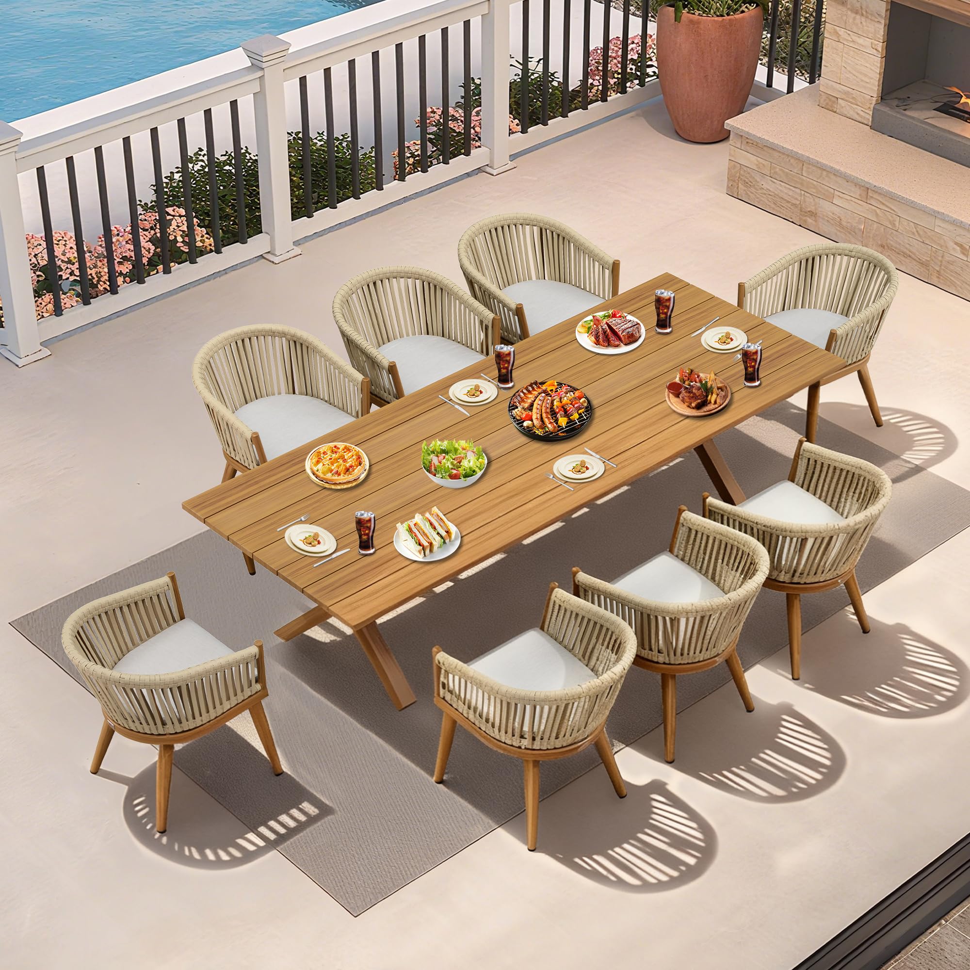 PURPLE LEAF 9 Pieces Outdoor Dining Set with Longer Aluminum Table, Teak