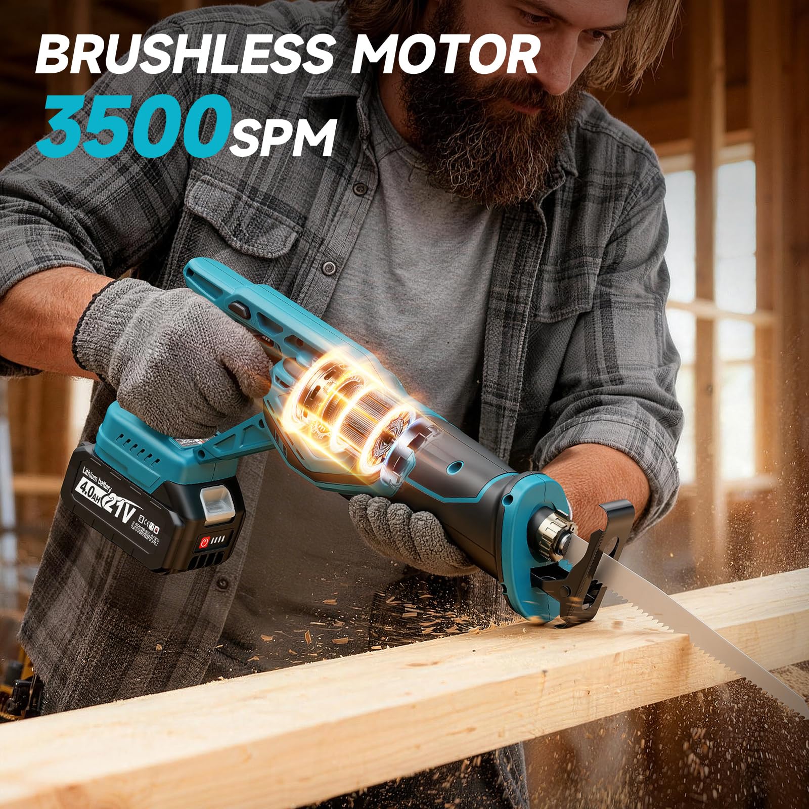 Säbelsäge Akku 21V, 3500 SPM Bürstenlosem Motor, Akku Säbelsäge mit 2x 4.0Ah Akku und Ladegerät & 8 Sägeblätter zum Schneiden von PVC, Holz, Metall