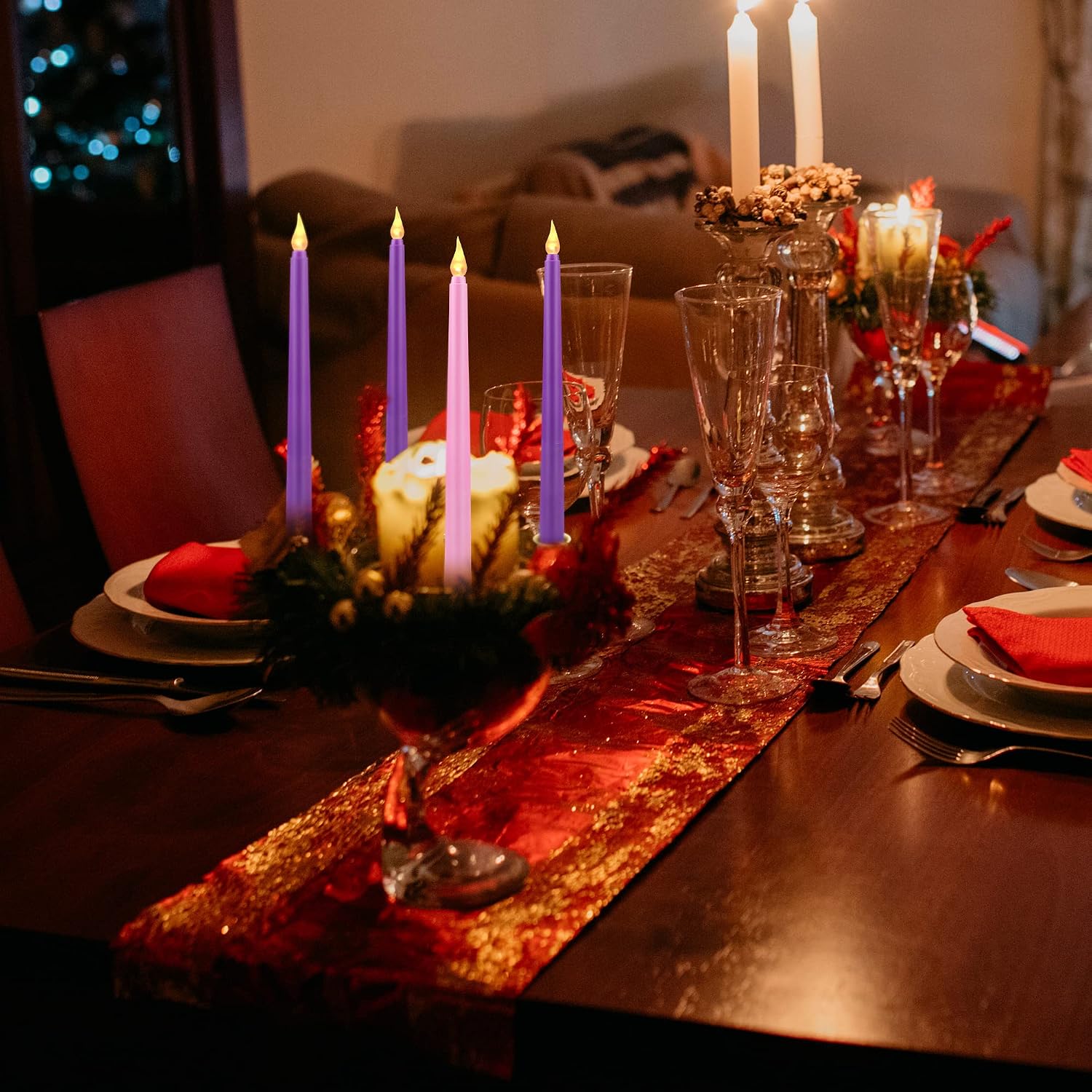 Fovths Christmas Advent Wreath Candle Holder with 4 LED Flameless Taper Candles Advent Candle Holder Ring Christmas Centerpiece Decor for X-mas Holiday Party Decor (Battery not Included)