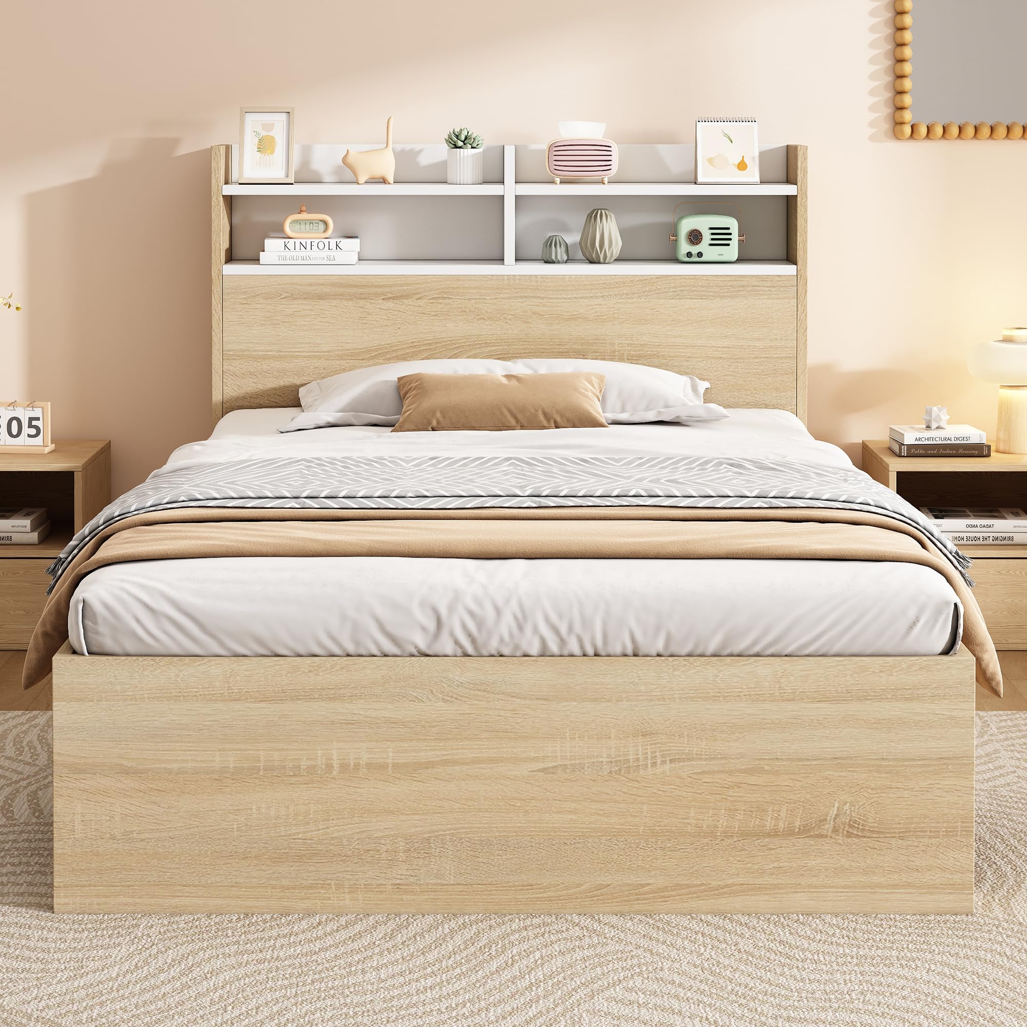 Cama individual 90 x 190 cm, cabecero con estante de almacenamiento, 2 cajones, cama de madera maciza, ideal para habitaciones compactas, sin colchón, natural
