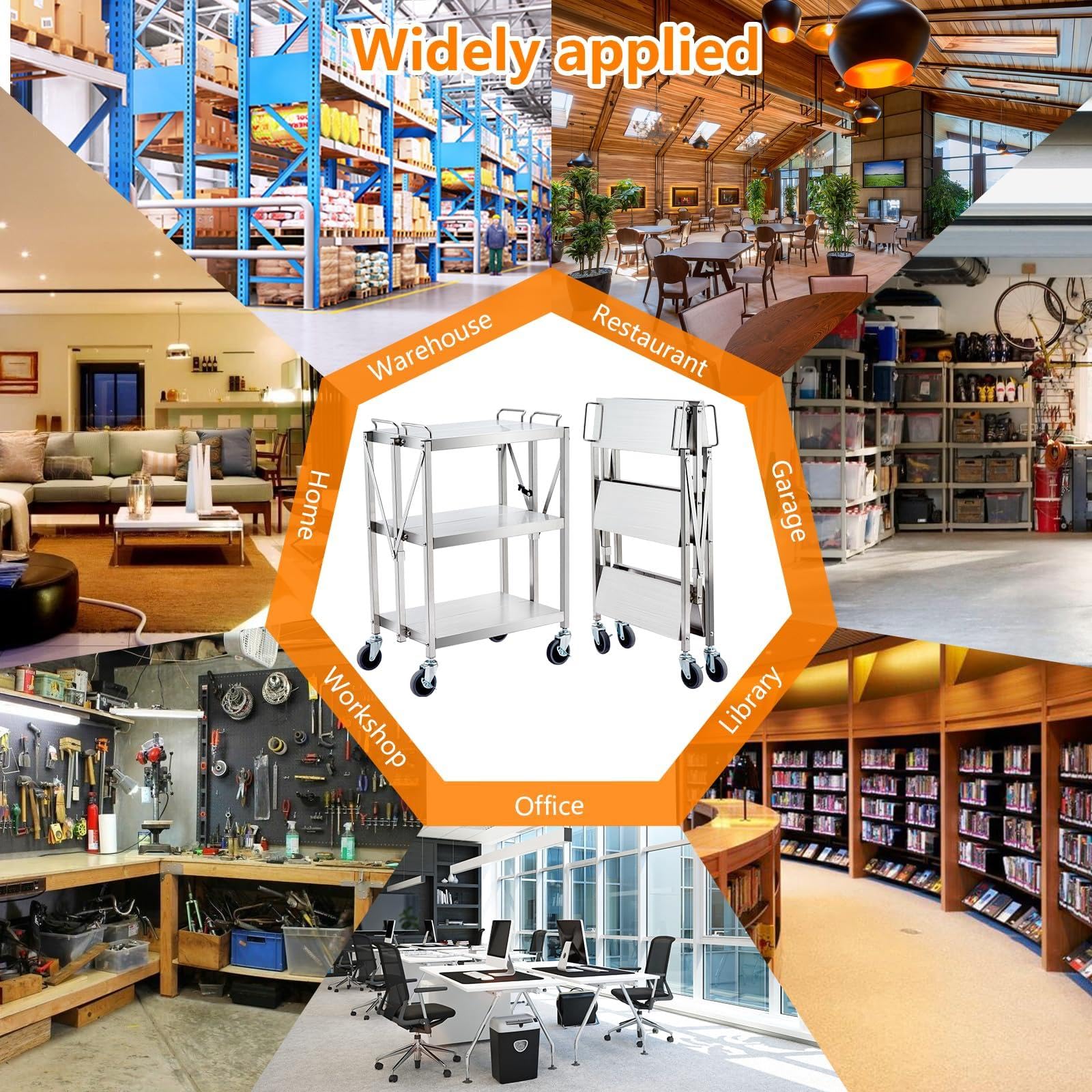 Garvee Carro Plegable de Acero Inoxidable 3 Niveles, Carrito Multiusos con Ruedas con Freno, Carro de Servicio Compacto para Cocina, Almacén, Oficina y Restaurante