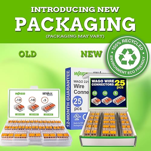 Miniatura 7 de WAGO Serie 221 - Paquete surtido de conectores de alambre de empalme compactos de 25 piezas  Incluye (10 x 221-412), (10 x 221-413), (5 x 221-415)