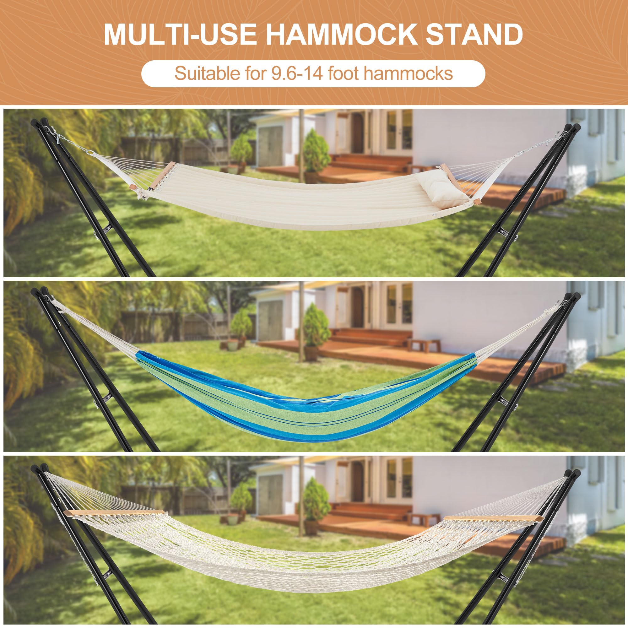 Homgava Soporte universal para hamaca para 2 personas, capacidad de 660 libras, soporte de hamaca de acero resistente, se adapta a hamacas de 9 a 14 pies, soporte universal para hamaca para interiores
