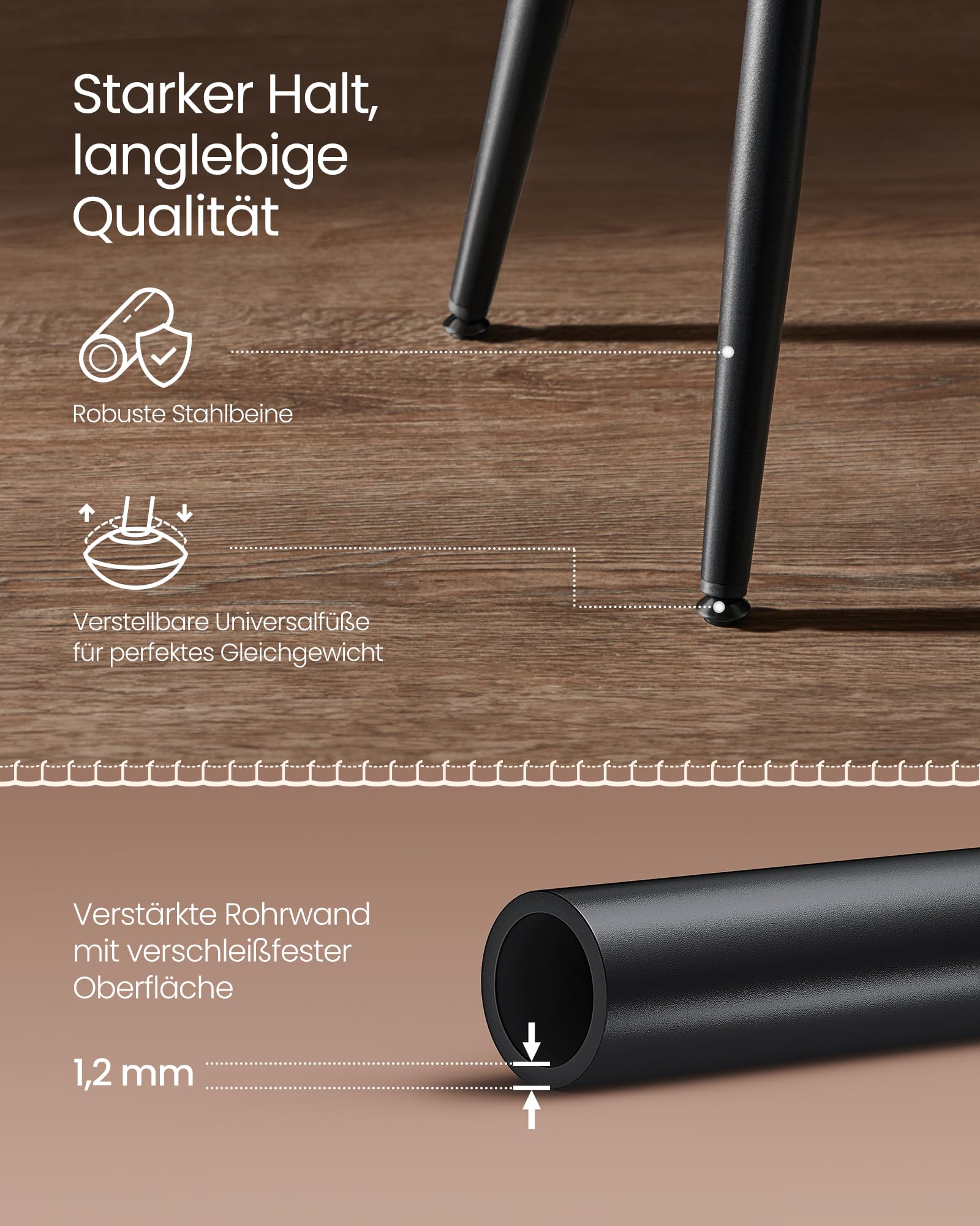 VASAGLE EKHO Kollektion - Barhocker 2er Set, Barstuhl, Küchenstuhl, Kunstleder, Mid-Century-Modern-Stil, 76 cm hoch, Küche, Esszimmer, einfacher Aufbau, karamellbraun und Mattschwarz LBC090K01V1
