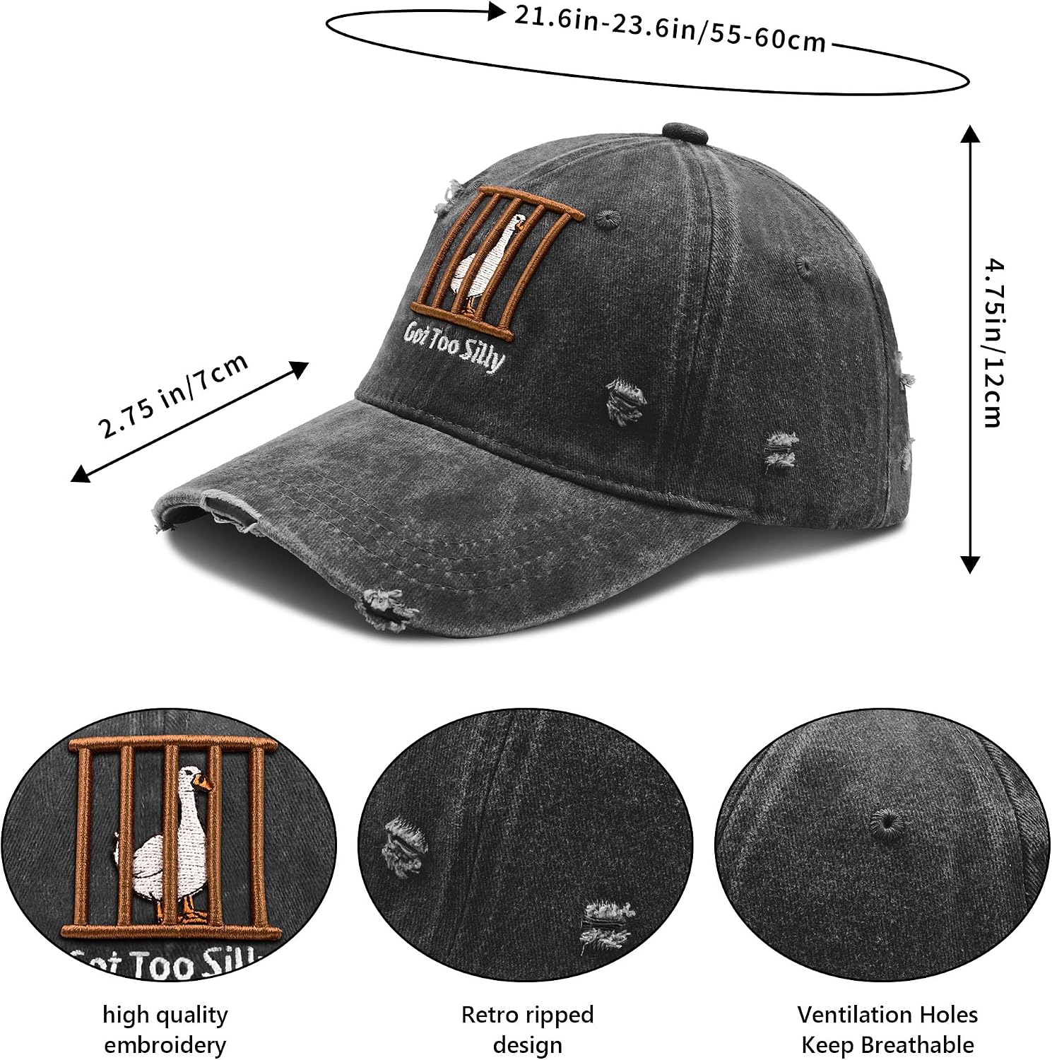 Funny Retro 3D Embroidered Washed Baseball Cap,100% Cotton Got Too Silly Goose Hat Trucker Hat for Men and Women