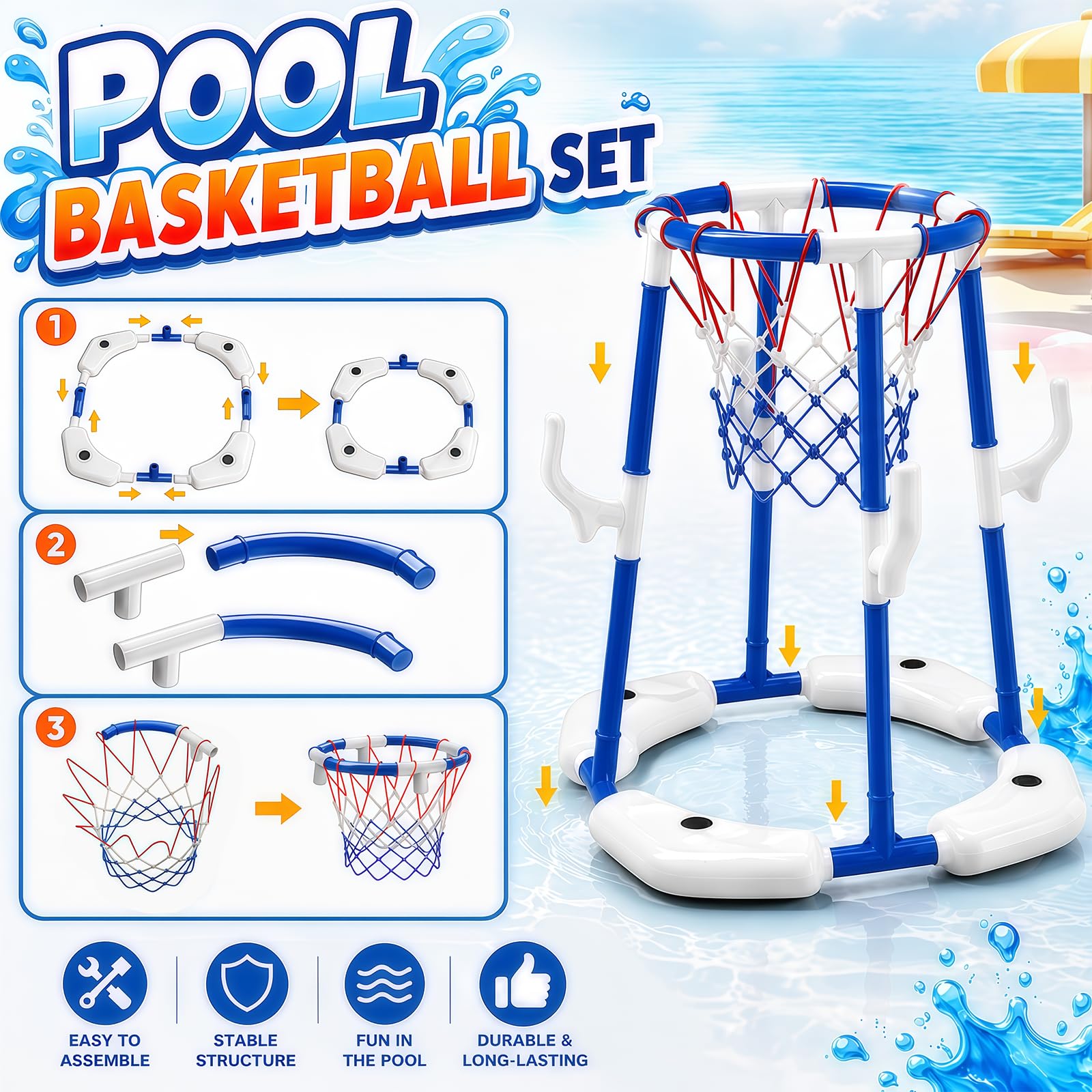 Ronronner 3-in-1 Pool Basketballkorb mit Sticky Ball Toss & Ring Toss, 12 Klebebällen, 4 Basketball, Wasserspielzeug für Kinder 4-8 & Erwachsene - Blau