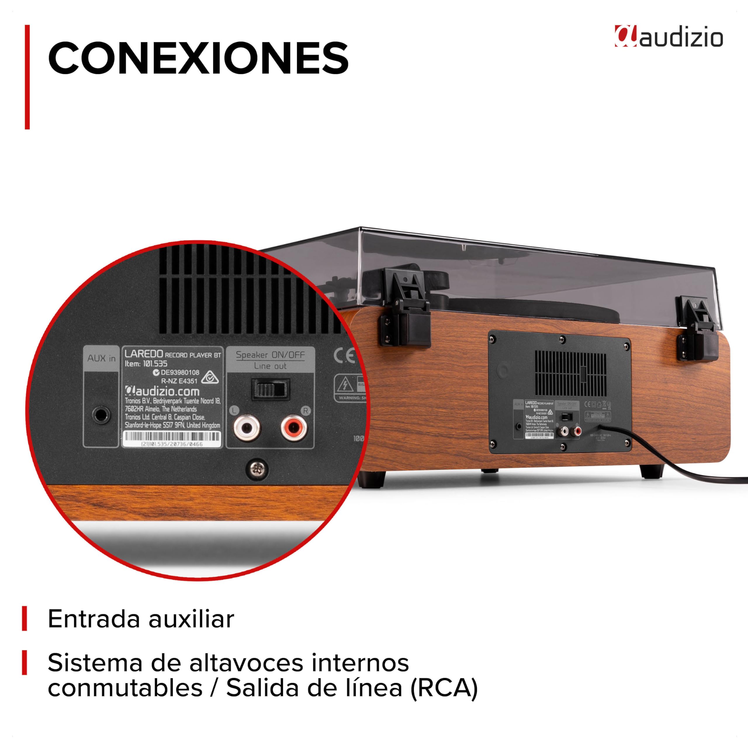 Audizio Laredo - Tocadiscos con BT portátil + Maleta RC37 marrón Oscuro | Bluetooth incorporado, diseño portátil y cápsula Audio Technica, sonido estéreo, para tu salón de estilo retro clásico