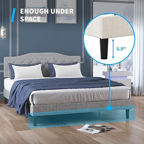 Miniatura 4 de Mjkone Base de cama tamaño King con cabecera ajustable, marco de cama tapizado con diseño capitoné con botones, no necesita somier, base de cama