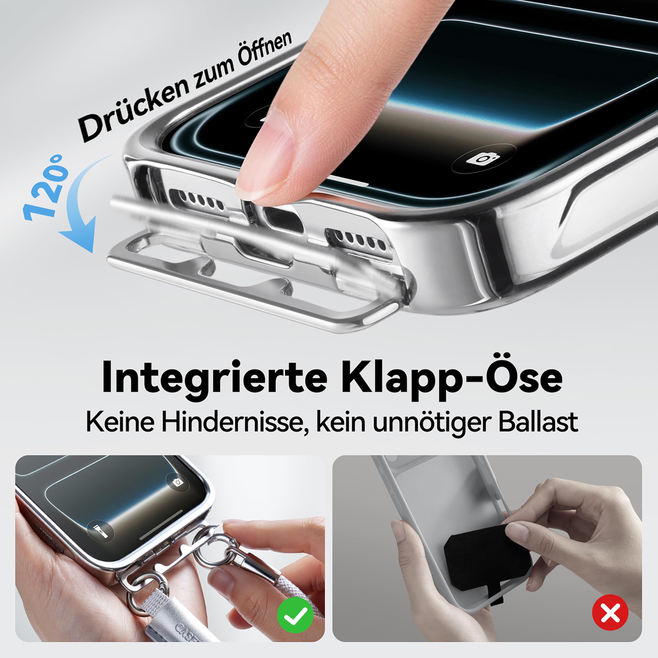 CASEKOO Linkoo iPhone 17 Pro Hülle mit Handykette Bundle, MagSafe Handyhülle mit ClipSafe Klapp-Clip + Luxury Handyband zum Umhängen, 3-in-1 Anti-Verlust Lanyard, Silber