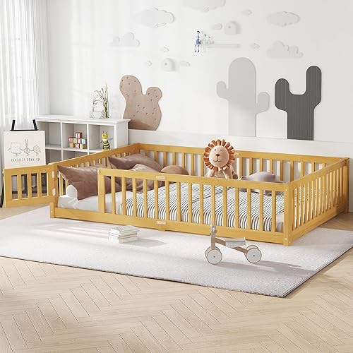 Cama de suelo de tamaño individual con rieles, cama Montessori de madera tamaño individual con listones de soporte, marco de cama individual para