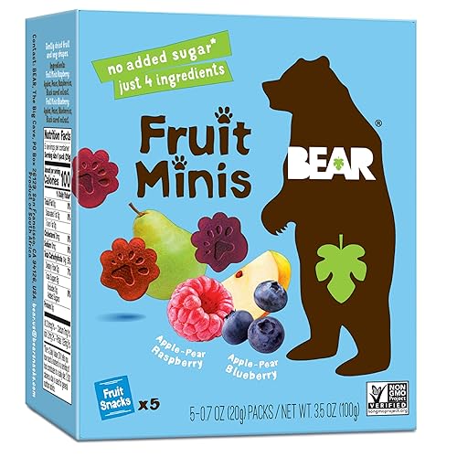 BEAR Minis de aperitivos de fruta real, frambuesaarándano, sin azúcar añadido, todo natural, aperitivos de tamaño bocado para niños, sin OMG, sin