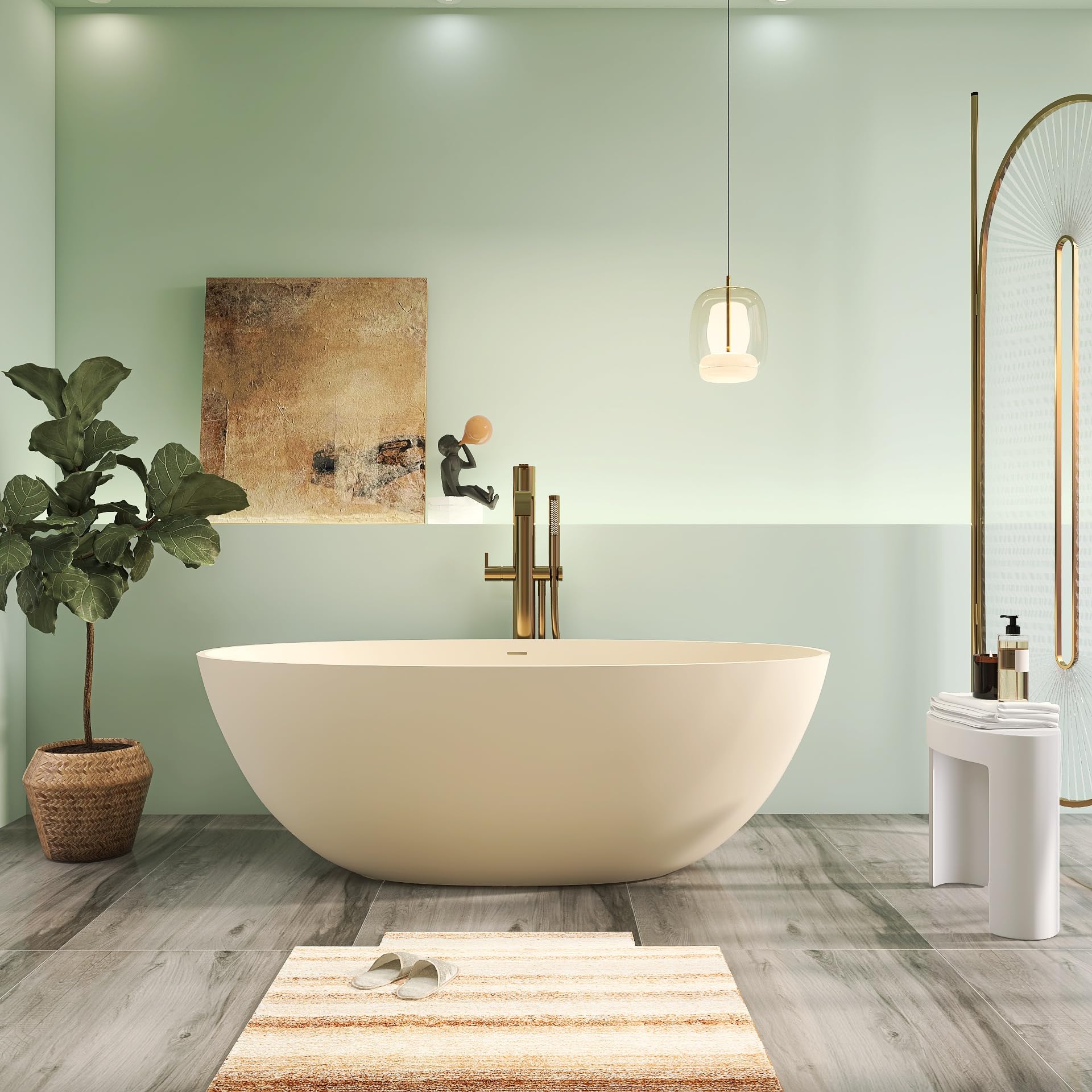 65' Premium Solid Surface Free Standing Bathtub, Upgraded Milky Coffee Design Stone Resin Soaking Tub with Overflow and Pop-up Drain Koto Cream 65 Inch