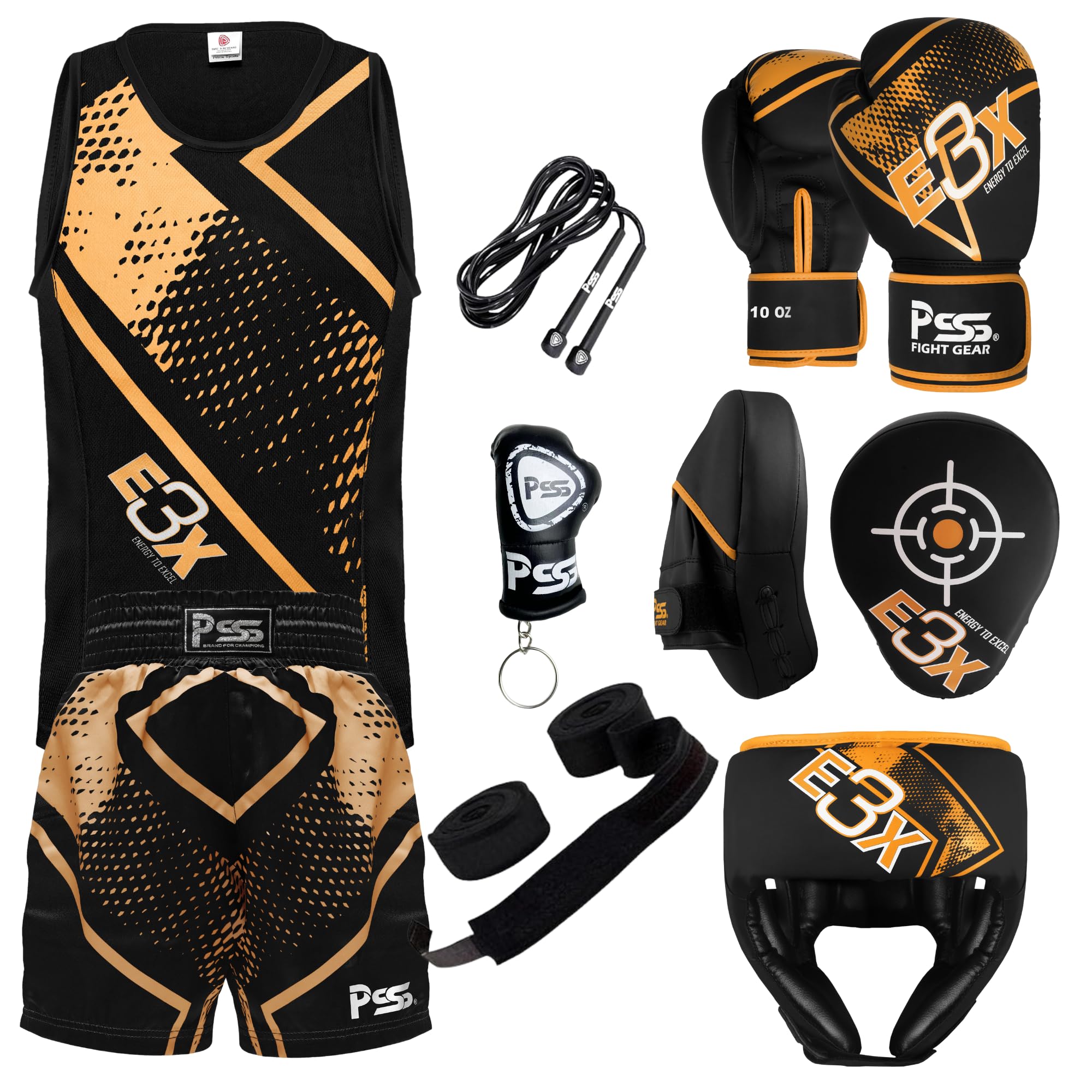PSS Kids Boxing Set-Boxing Gloves, Uniform, Focus Pad, and Head Guard - Safe, Durable, Lightweight Equipment for Boys/Girls Youth Training, Fitness (Golden, 3-4 Y / 4oz)
