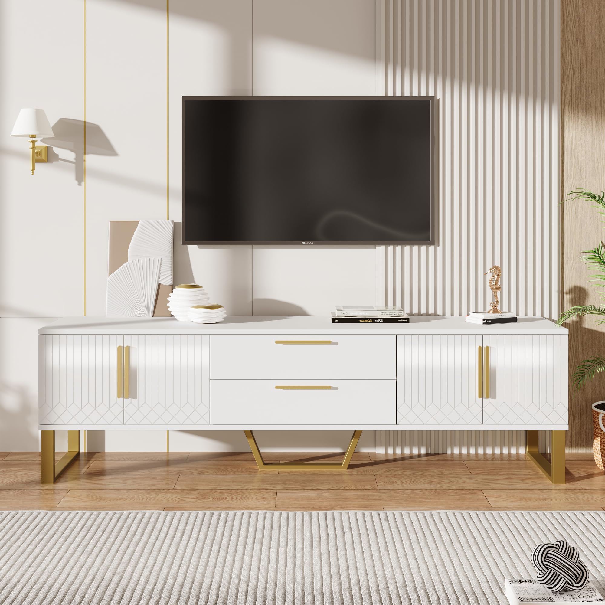 Mueble de TV de alto brillo: suelo, asas y patas doradas, solución de almacenamiento para el salón, combinación perfecta de elegancia, lujo y funcionalidad, 170 x 40 x 53 cm (blanco+dorado)