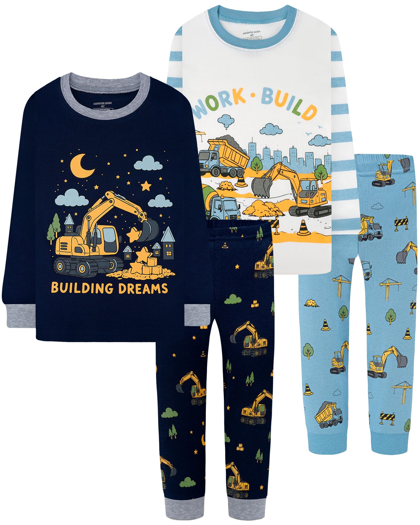 DAUGHTER QUEEN Boys Pajamas 4 Pieces Long Set 100% Cotton Sleepwear Size 18 Months-12 Years