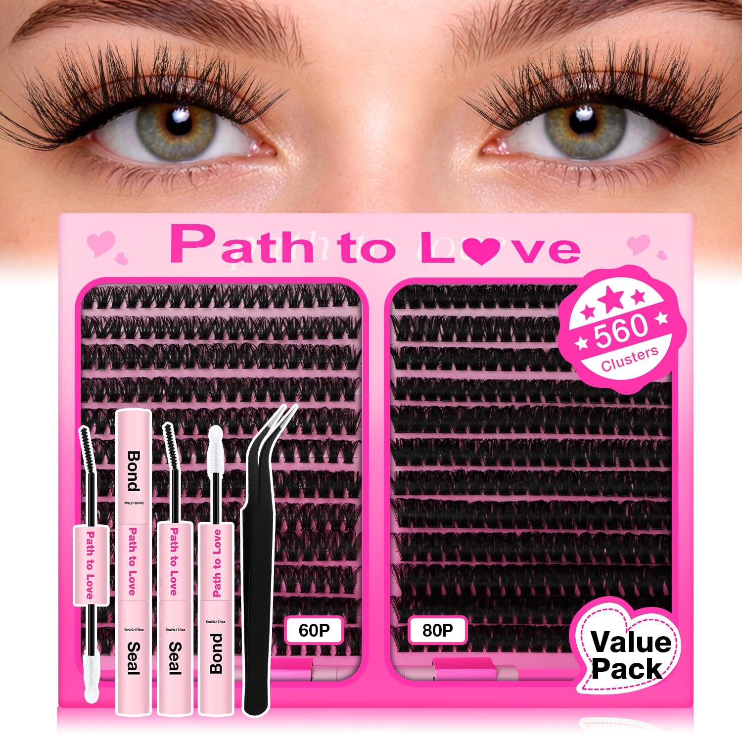 Photo 1 of 560pcs Lash Clusters Kit,DIY Cluster Eyelash Extensions 9-16mm,60D+80D,Fluffy D Curl Natural Lashes with Bond,Seal and Tweezers – Fake Cat Eye Individual Clusters for Beginners